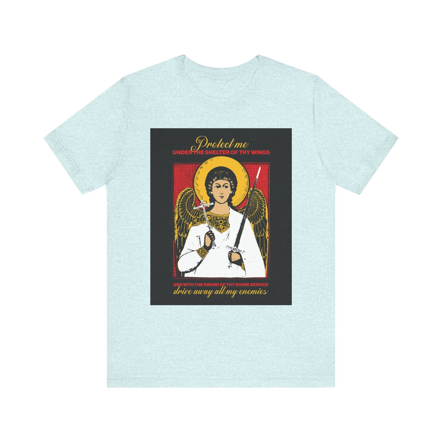 Heather Prism Ice Blue unisex t-shirt featuring a Holy Guardian Angel holding sword & cross icono-graphic and "Drive Away My Enemies" protection prayer—ideal for those seeking divine protection. Lightweight cotton.