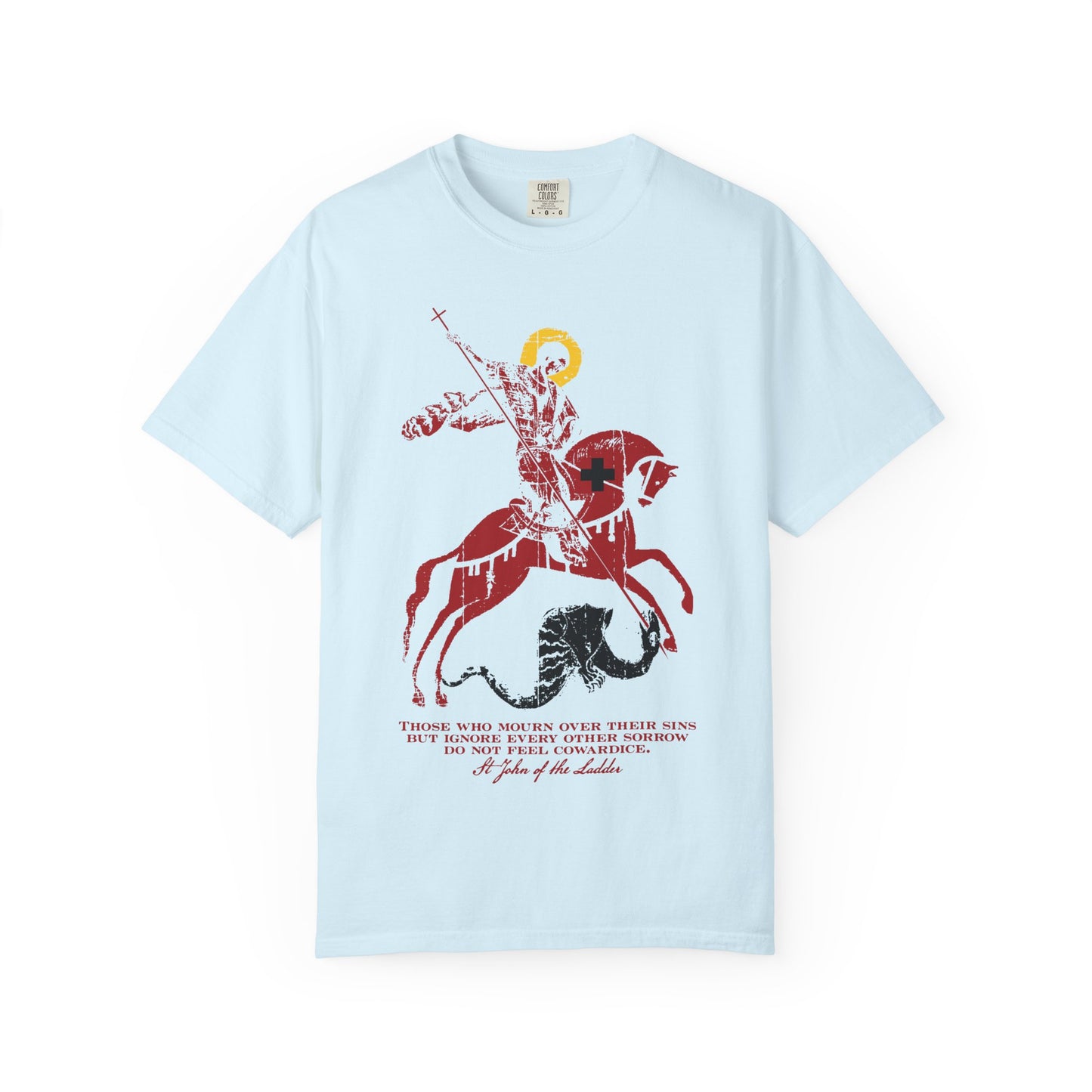 Chambray heavyweight cotton unisex tee featuring an iconographic illustration of St George slaying the dragon, paired with a quote from St John Climacus on godly mourning and sorrow for sins, printed below in bold red and black text.