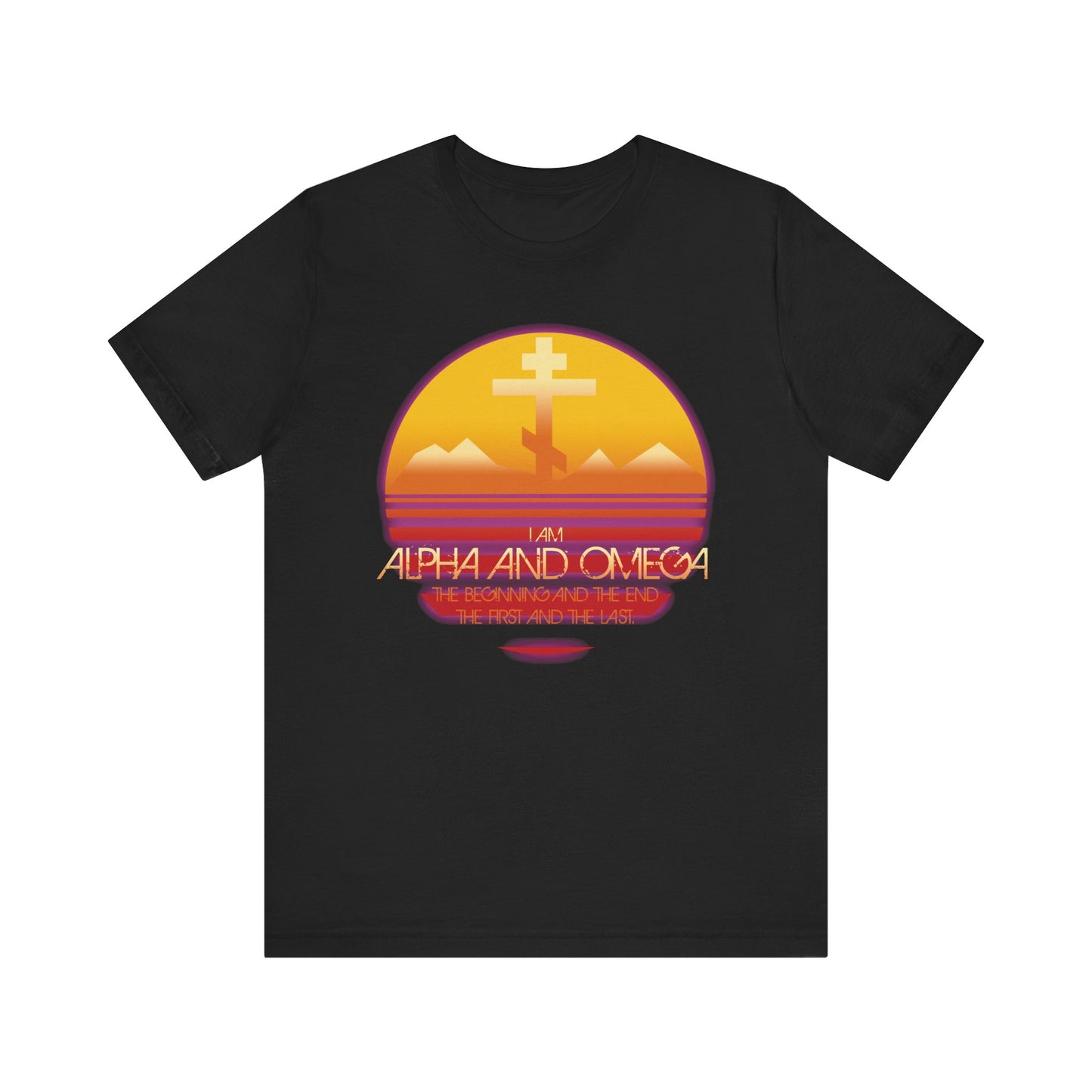 Black cotton unisex tee with 80s aesthetic, featuring an Orthodox cross, sunset, and mountains. Text: "I am Alpha and Omega, the beginning and the end" (Rev 22:13). Christian-inspired design.