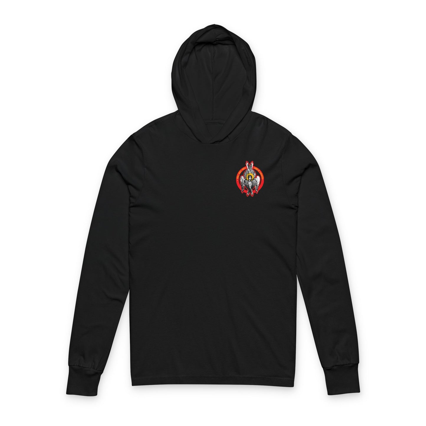 Black Holy Holy Holy Seraphim Angel Icono-Graphic hooded shirt with a small, colorful angel design on the left chest. Features Heavenly Hosts of God, Divine Council theme. Orthodox Christian cotton hoodie for heavenly inspiration.