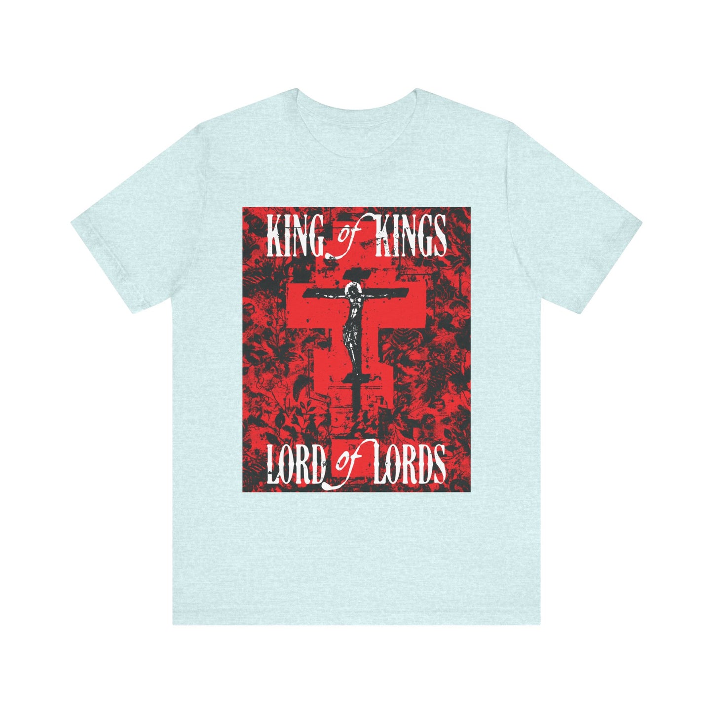 King of Kings, Lord of Lords | Christ Crucified Icono-Graphic | Red Cross Nature Texture w/ White Text | Lightweight Cotton Unisex Tee