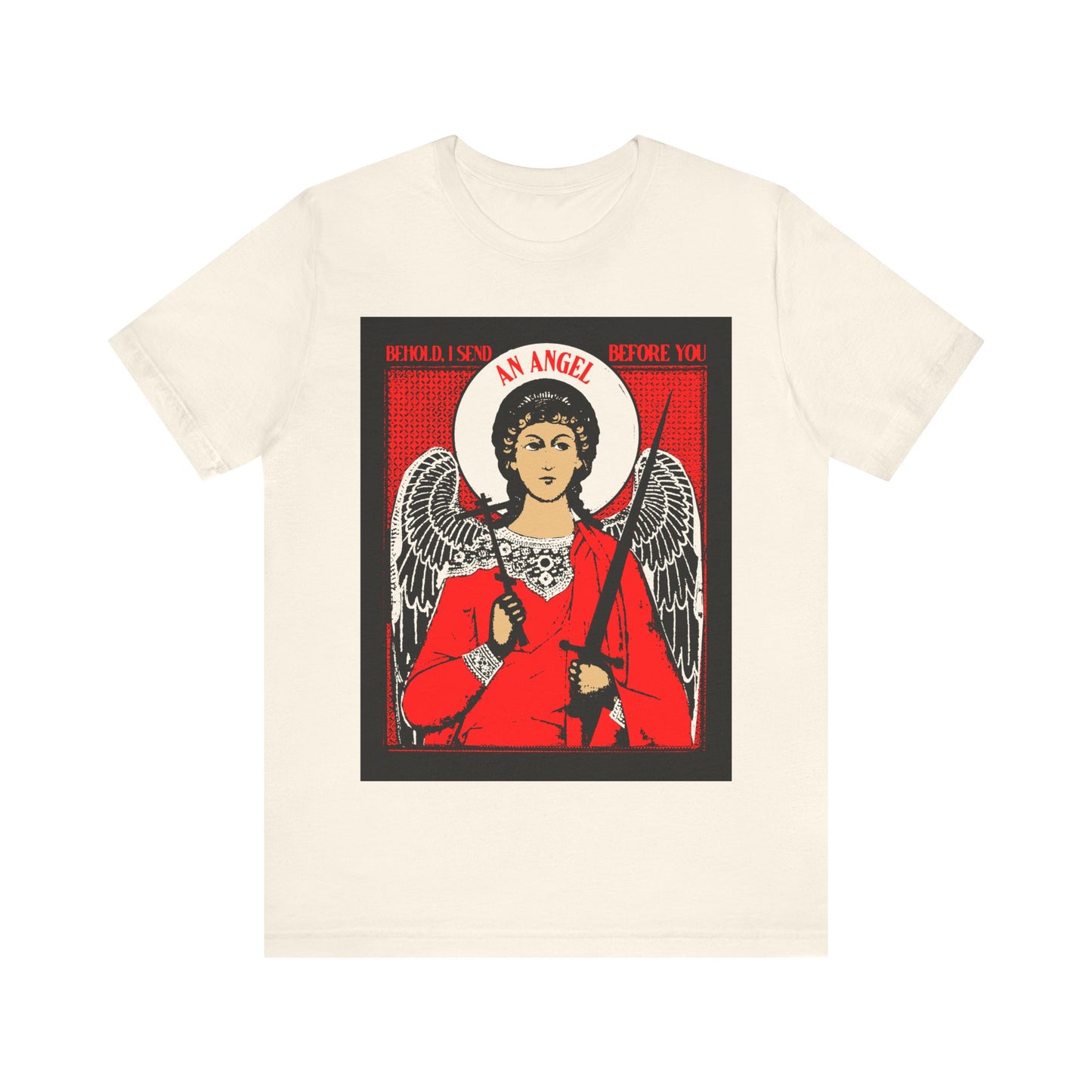 Behold, I Send an Angel Before You (Exodus 23:20) | Guardian Angel With Cross and Sword IconoGraphic | Orthodox Christian Cotton T-Shirt