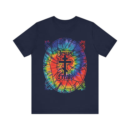 Navy unisex tee with a tie-dyed stained glass window, Orthodox cross, and "Jesus Freak" text—a bold 70s Jesus Movement hippie-inspired Christian design.
