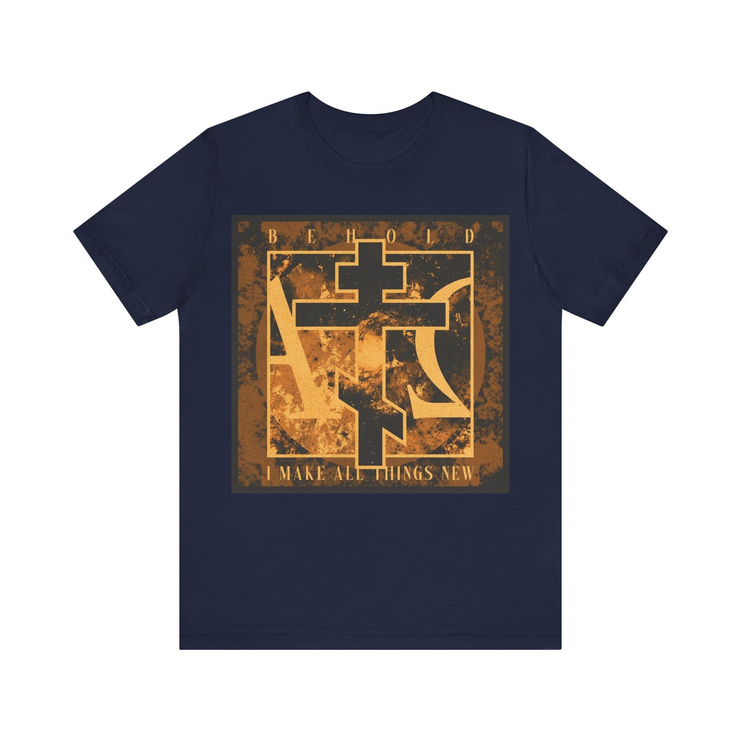 Navy cotton t-shirt featuring a brown and orange Orthodox cross with Alpha & Omega on the background and "Behold, I Make All Things New" (Rev 21:5) text—an Orthodox Christian design inspired by renewal.