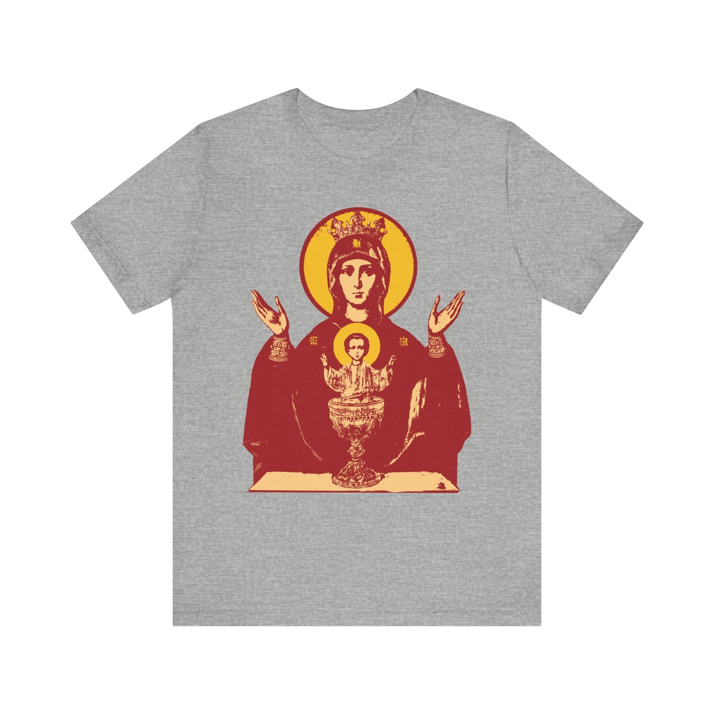 Athletic Heather unisex t-shirt featuring the Holy Theotokos IconoGraphic of the Inexhaustible Chalice, Deliverer from Addictions, depicted with a child. Lightweight cotton perfect for conquering passions.