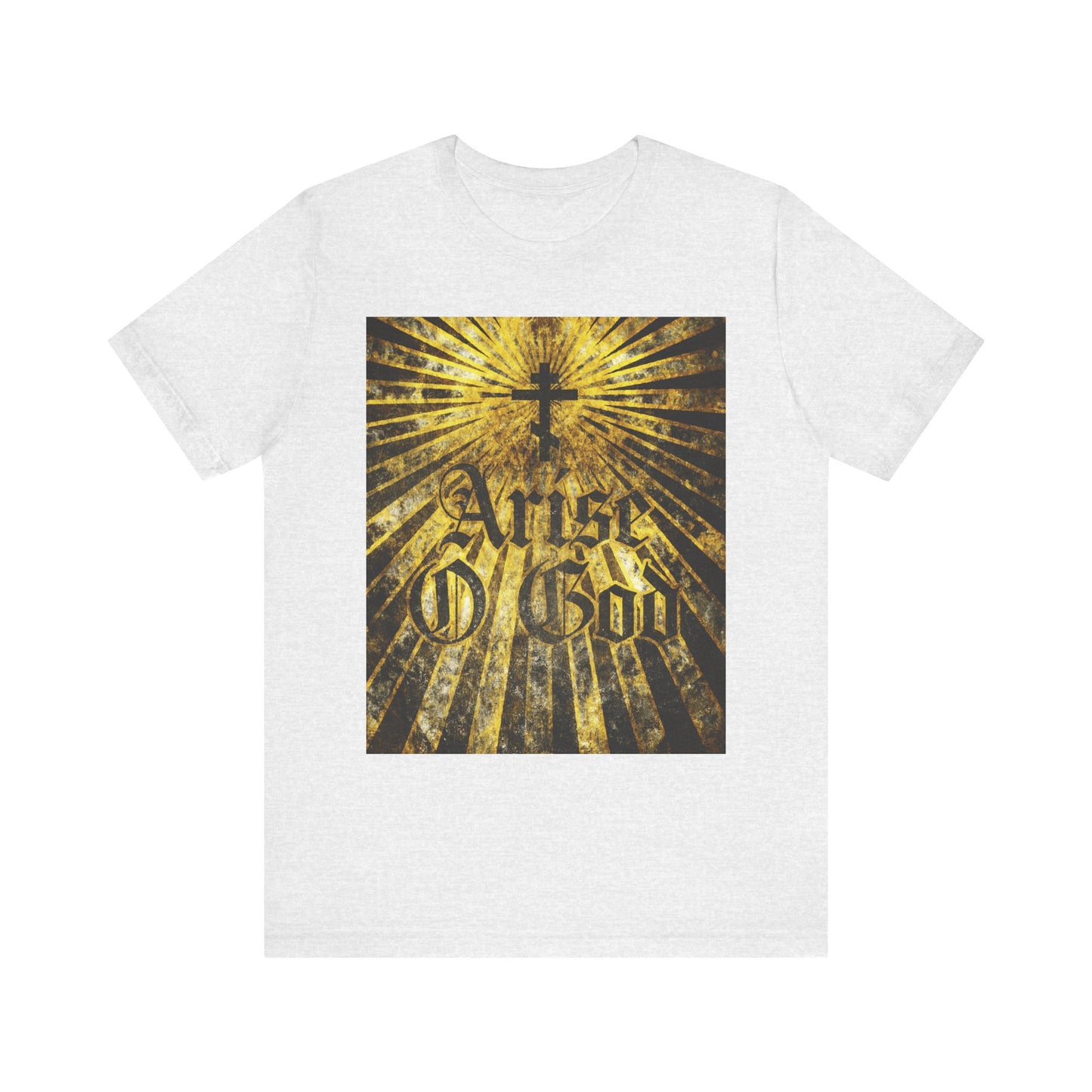 Ash-colored unisex t-shirt featuring "Arise O God" in a textured gothic font, Orthodox cross with golden rays, inspired by Psalm 81 (82 LXX) and Divine Council themes. Lightweight cotton; perfect for spiritual reflection.
