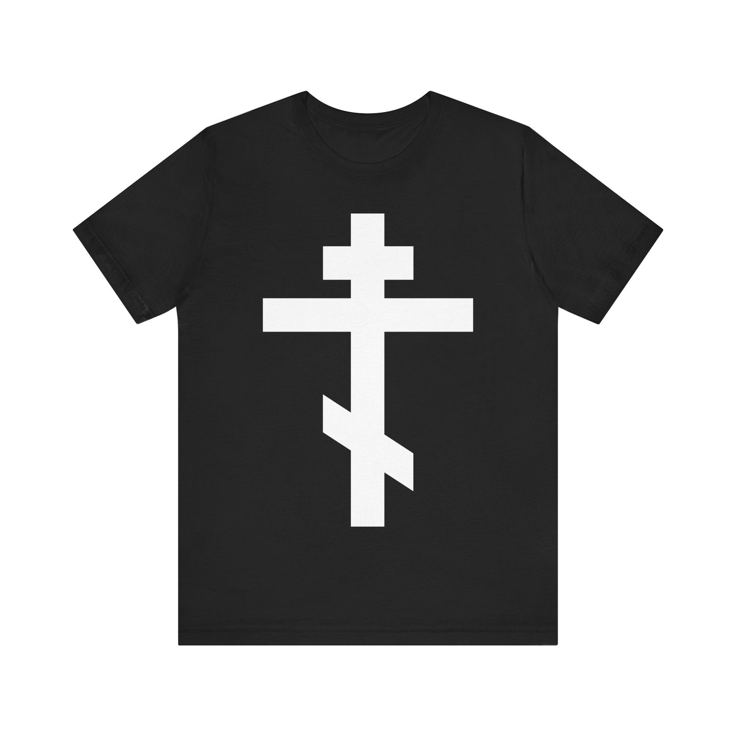 Black unisex tee featuring a large white Orthodox cross on the front and the verse “May I never boast, except in the cross of our Lord Jesus Christ” (Gal 6:14), symbolizing salvation and the Saviour’s sacrifice.