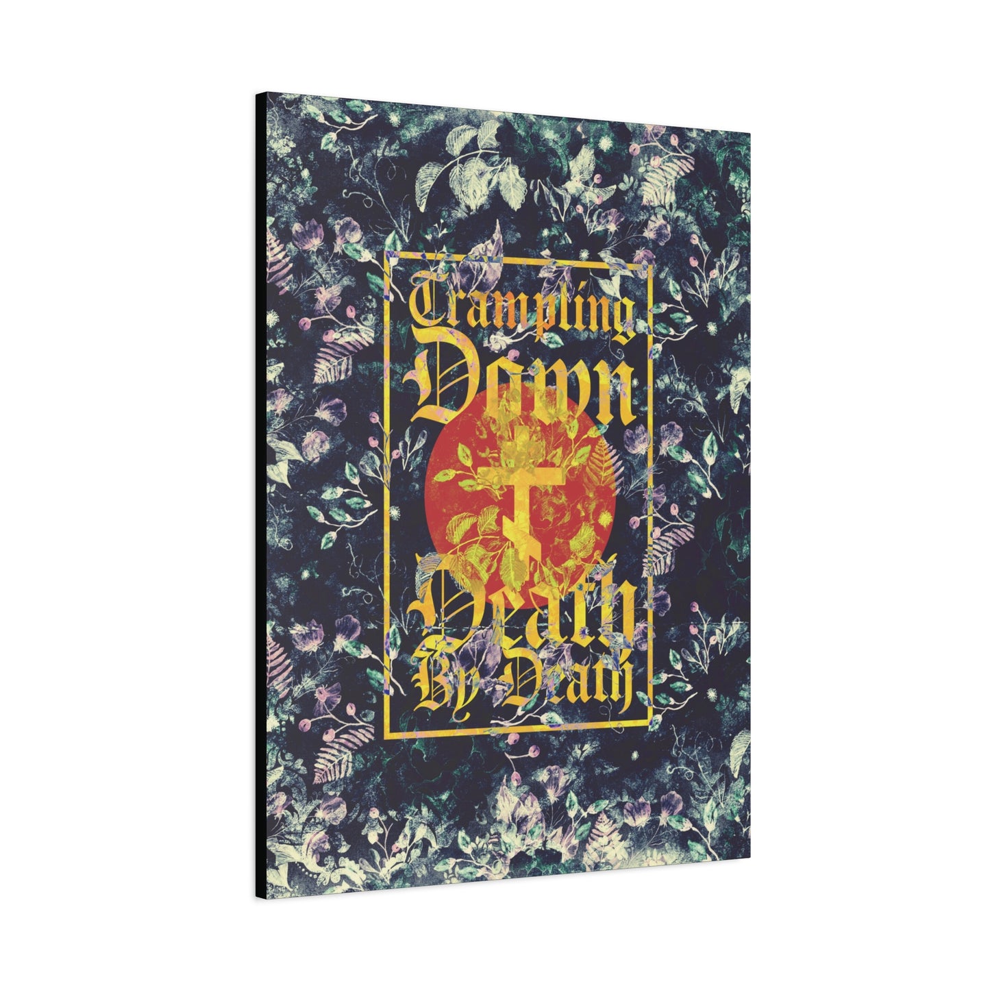 Trampling Down Death By Death | Paschal Floral Design with Gothic Script and Three-Bar Cross | Orthodox Christian Canvas Art