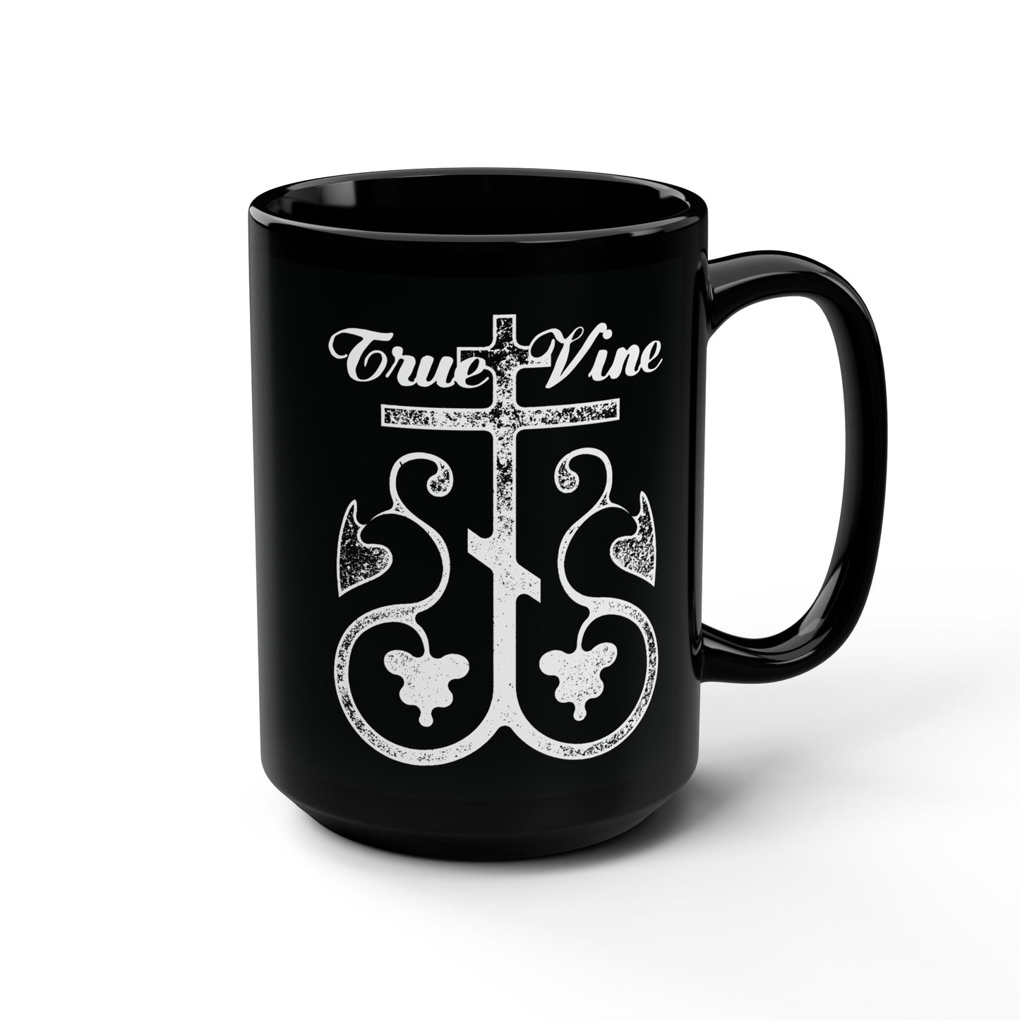 I Am the True Vine (John 15, Ezekiel 15) | Orthodox Cross with Grape Vine | Photocopy Effect | Orthodox Christian Black Mug