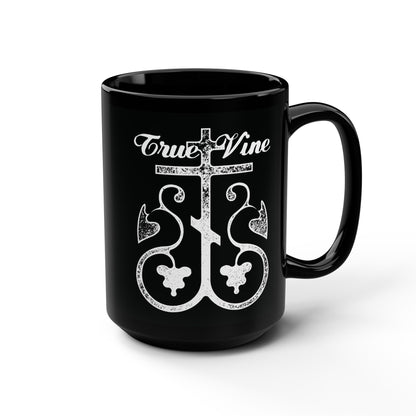 I Am the True Vine (John 15, Ezekiel 15) | Orthodox Cross with Grape Vine | Photocopy Effect | Orthodox Christian Black Mug