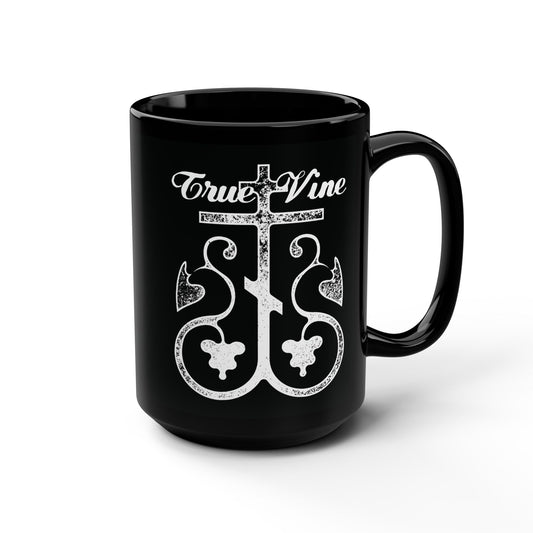 I Am the True Vine (John 15, Ezekiel 15) | Orthodox Cross with Grape Vine | Photocopy Effect | Orthodox Christian Black Mug