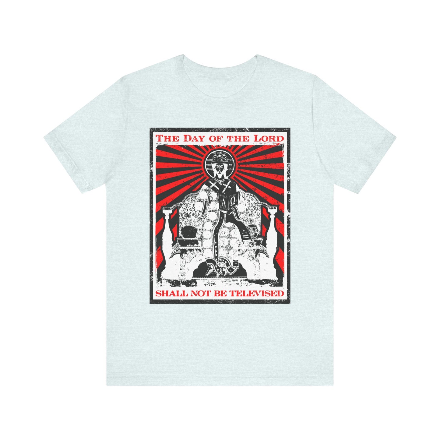 Showcase your Christian faith with the "The Day of the Lord Shall Not Be Televised" lightweight cotton unisex tee in Heather Ice Blue, featuring an iconographic Jesus Christ design that references the Second Coming and Revelation—a striking statement piece inspired by powerful Bible themes.