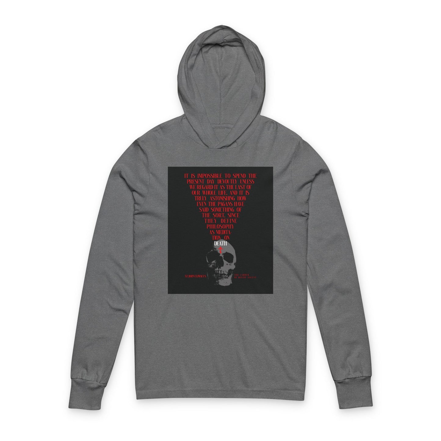 Grey TriBlend hoodie featuring a skull with a red Orthodox cross and "Memento Mori" theme, inspired by St John Climacus and the concept of living each day as our last. Product: The Present Day As the Last Day of Our Life hooded cotton shirt.