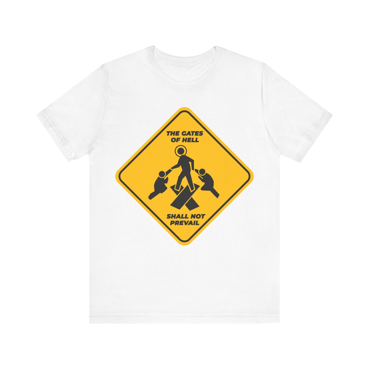 Gates of Hell Shall Not Prevail | Yellow Street Sign Minimalist Pascha Icon | Trampling Down Death By Death | Lightweight Cotton Unisex Tee