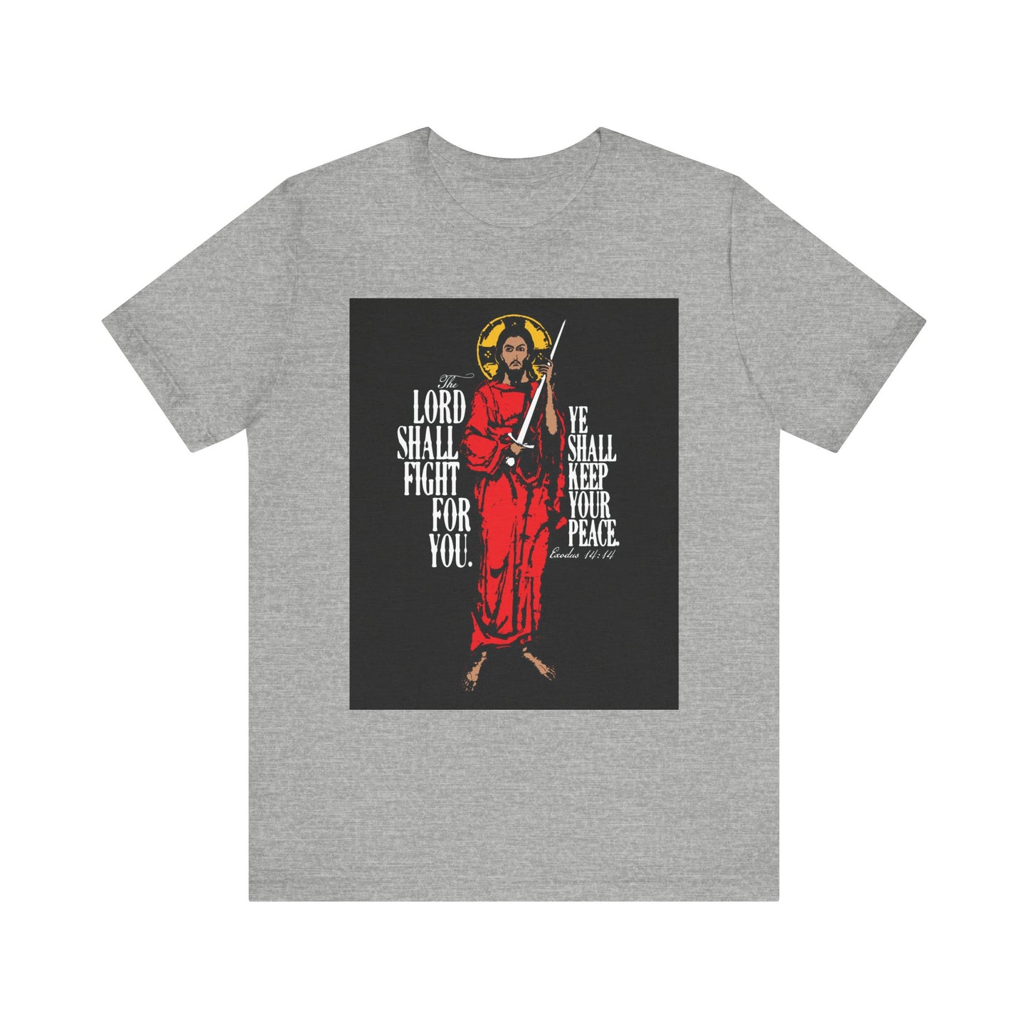 Athletic Heather tee featuring Jesus Christ with a sword icon and the message “The Lord Shall Fight For You” (Exodus 14:14), inspiring faith and reminding you of God's protection in every battle. Lightweight cotton, unisex fit.