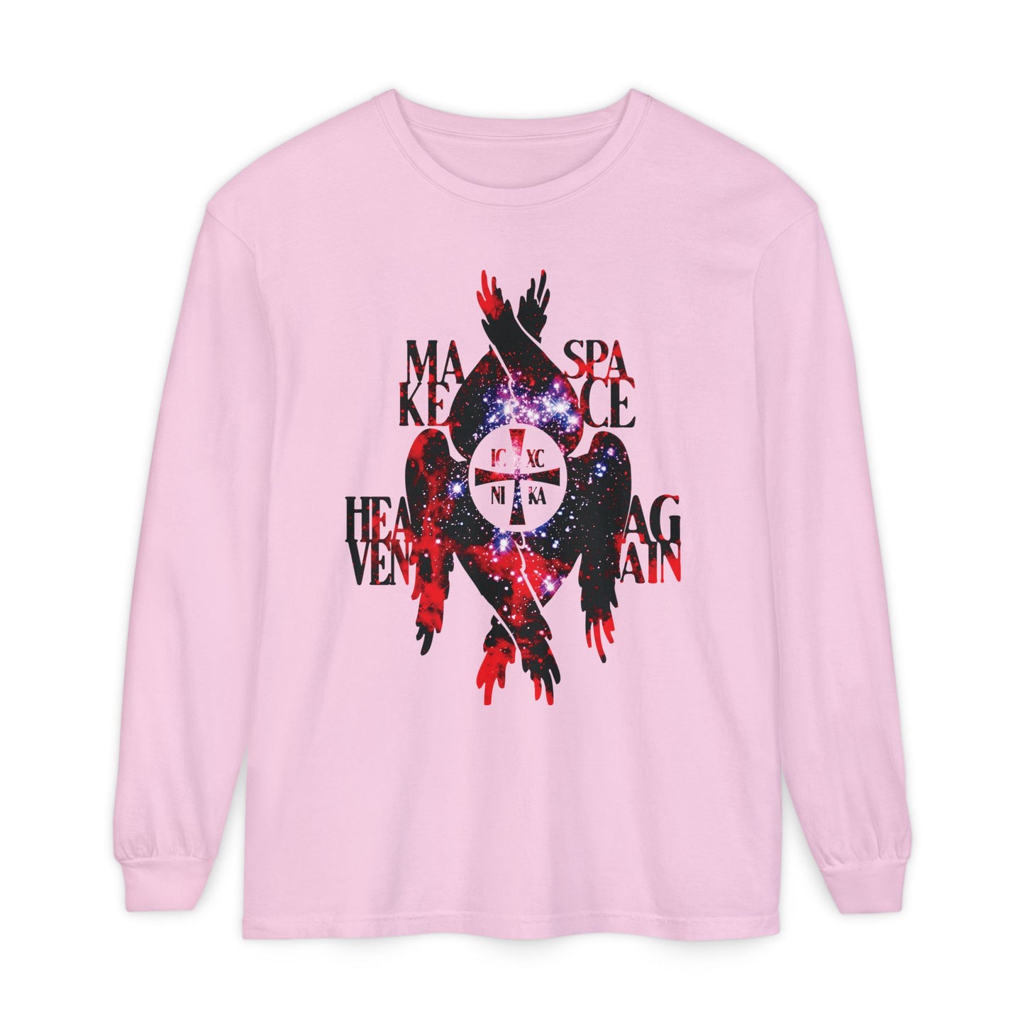 Blossom long-sleeve shirt featuring a cosmic ICXC NIKA cross, seraphim wings, and textured abstract text inspired by heaven and Orthodox Christian angels.