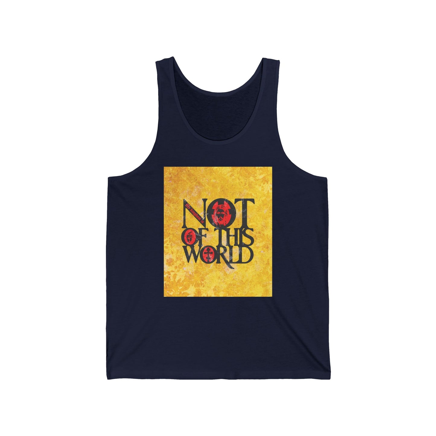 My Kingdom is Not of This World (John 18:36) | Bold Red, Yellow & Black Textured Design with Icon Motifs | Orthodox Christian Jersey Tank Top