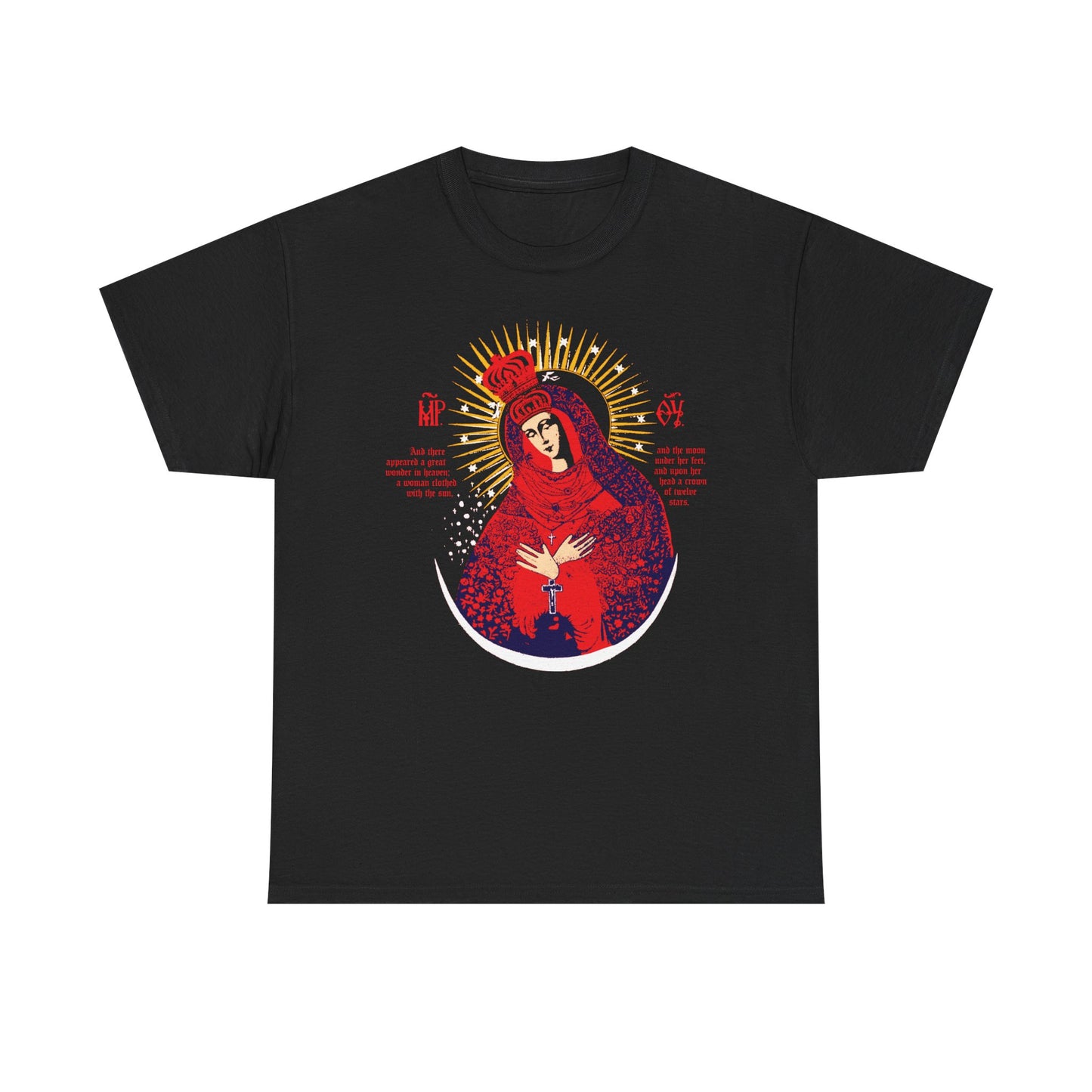 Black "Our Lady the Gate of Dawn Icono-Graphic" T-shirt featuring a crowned Theotokos inspired by Vilnius’ icon, with gold rays, red and blue accents, and a haloed woman at the center. Heavy cotton Christian design.
