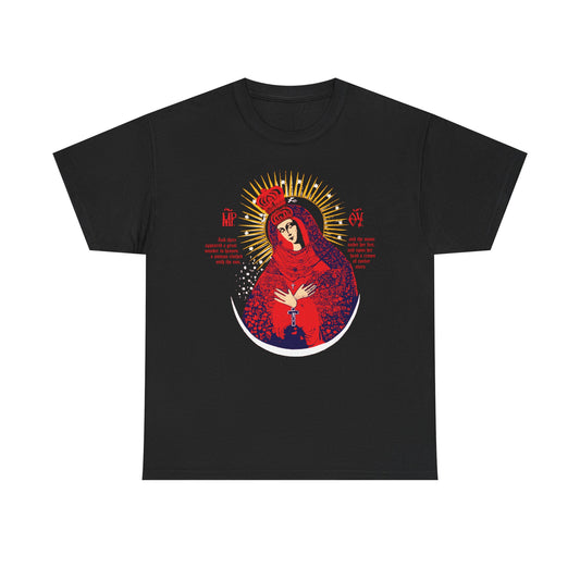 Black "Our Lady the Gate of Dawn Icono-Graphic" T-shirt featuring a crowned Theotokos inspired by Vilnius’ icon, with gold rays, red and blue accents, and a haloed woman at the center. Heavy cotton Christian design.