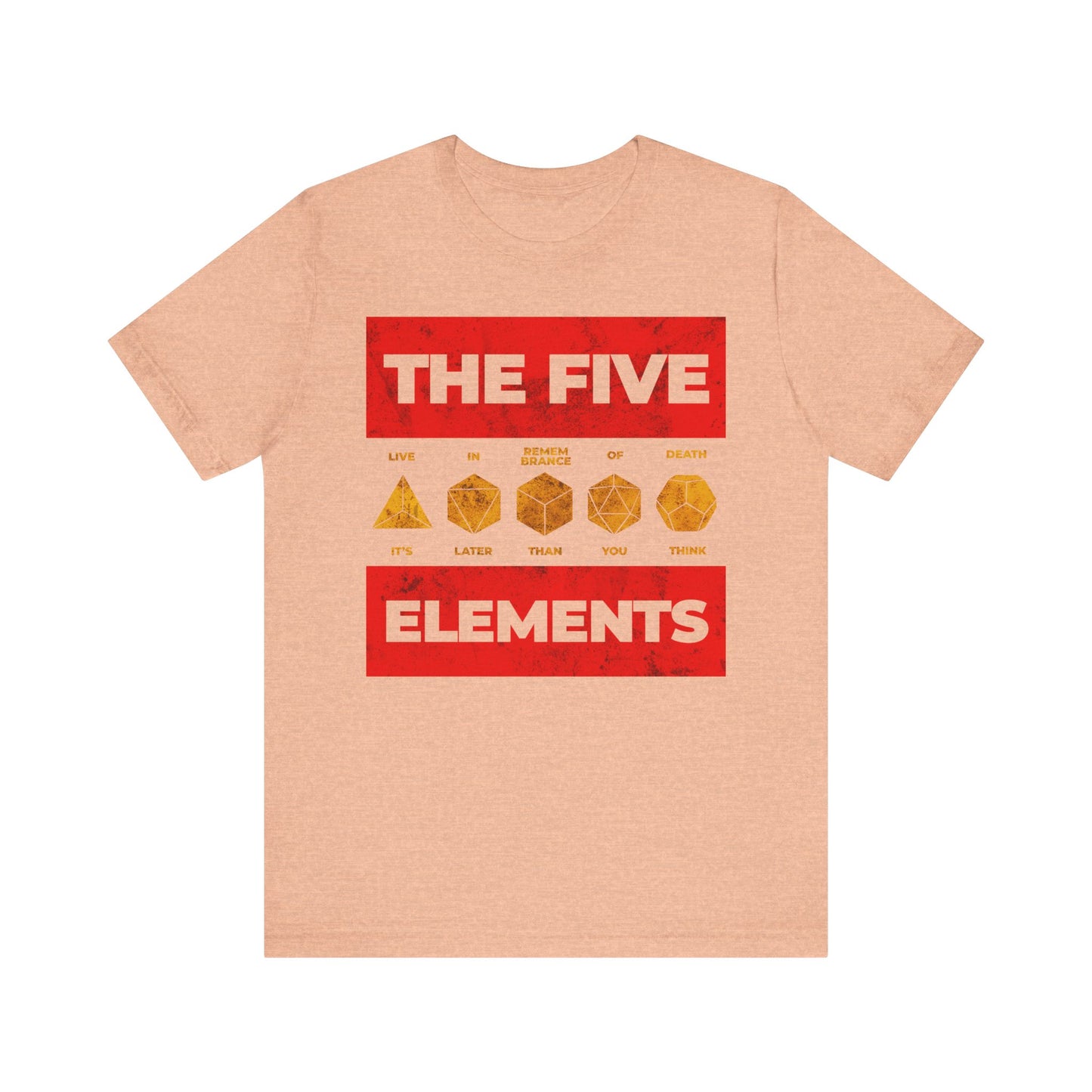 Heather Peach t-shirt featuring "The Five Elements" text and five yellow Platonic solids in the center, inspired by Orthodox teaching on despondency and remembrance of death, from the "It's Later Than You Think" collection.