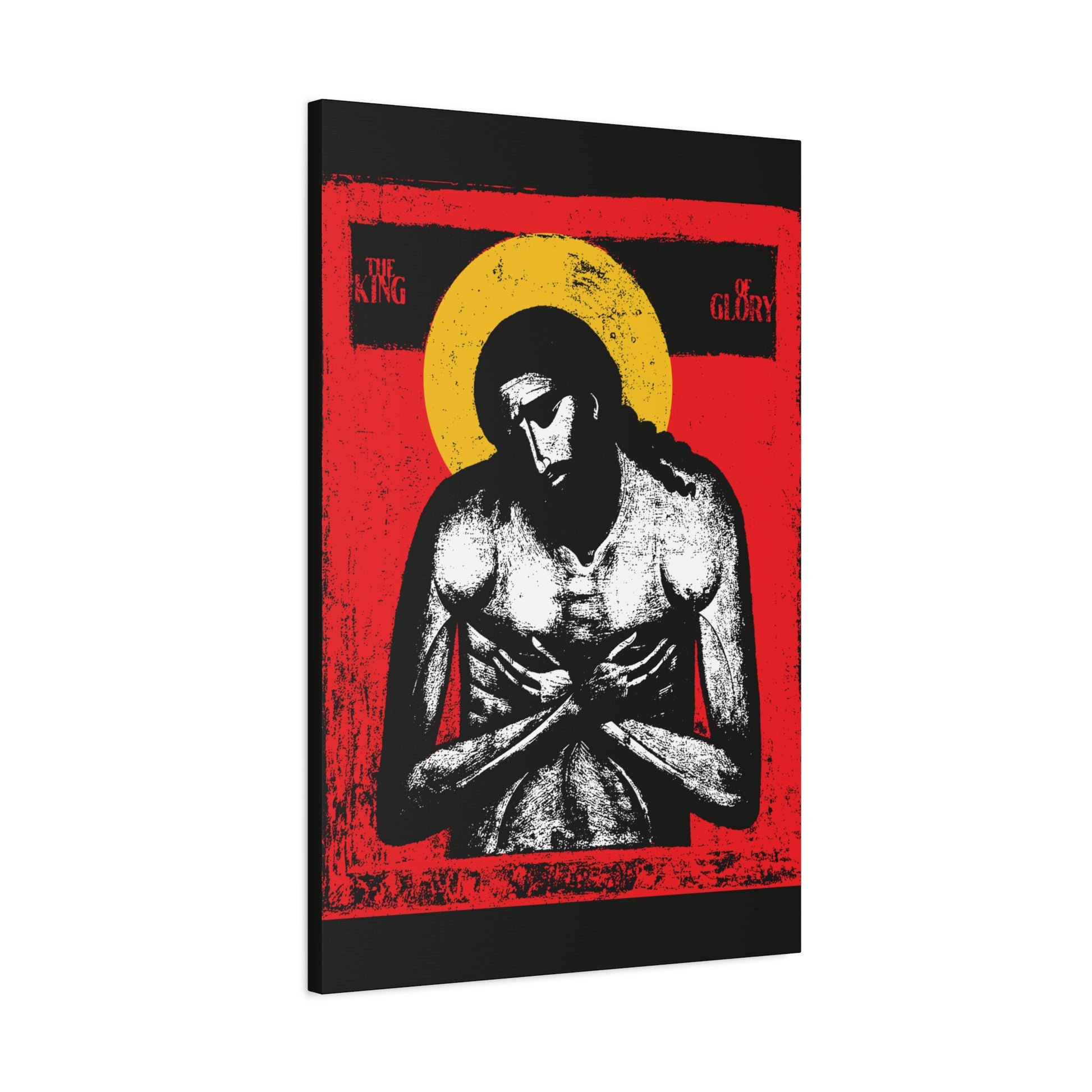 The King of Glory Jesus Christ "Extreme Humility" IconoGraphic—Christian wall art featuring a stylized image with red, yellow, white, and black, inspired by Isaiah 53 for devotional inspiration.