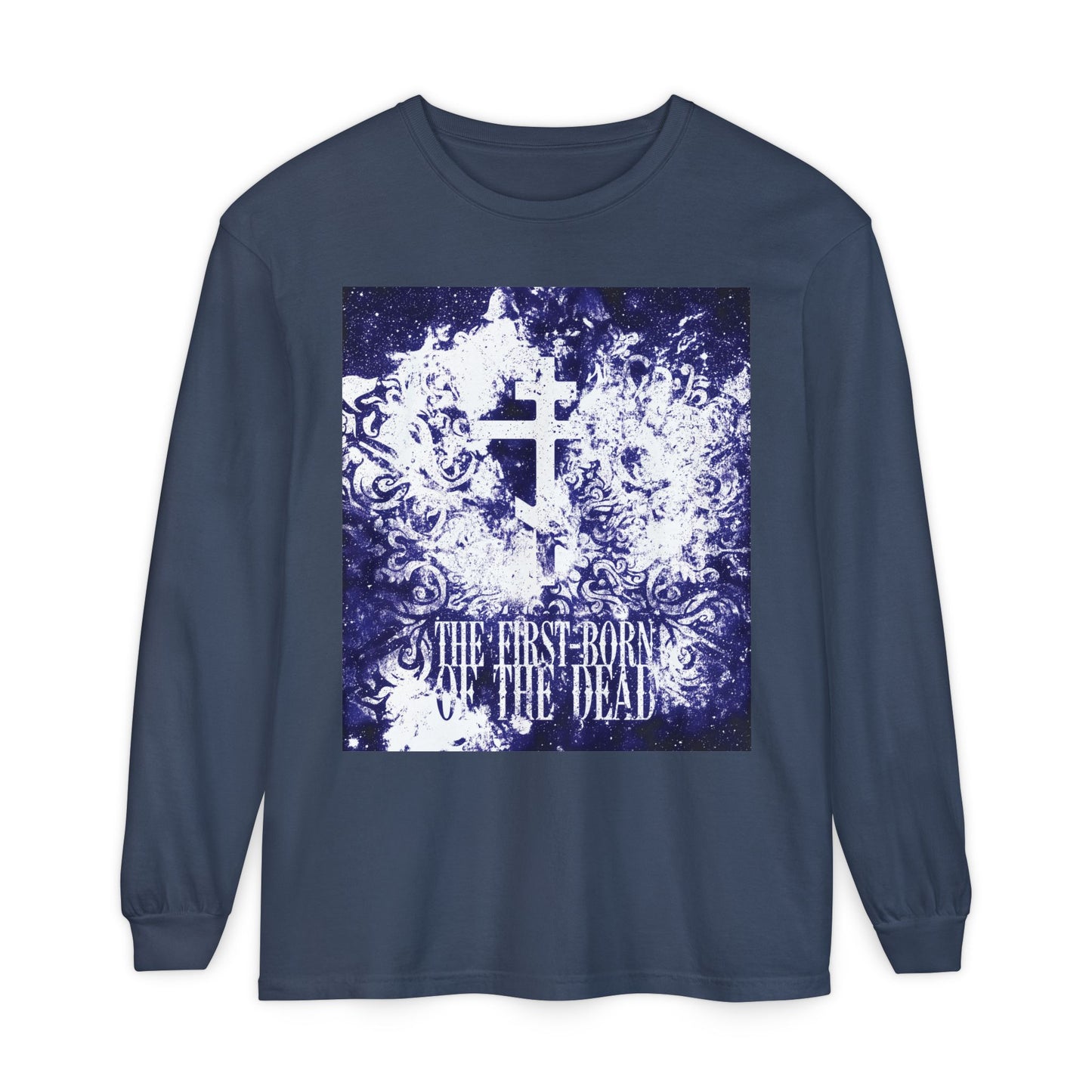 A midnight long-sleeve cotton shirt featuring a glowing white and blue textured cosmic Orthodox cross and "The First-Born of the Dead"—celebrating Christ’s resurrection and the Apocalypse.