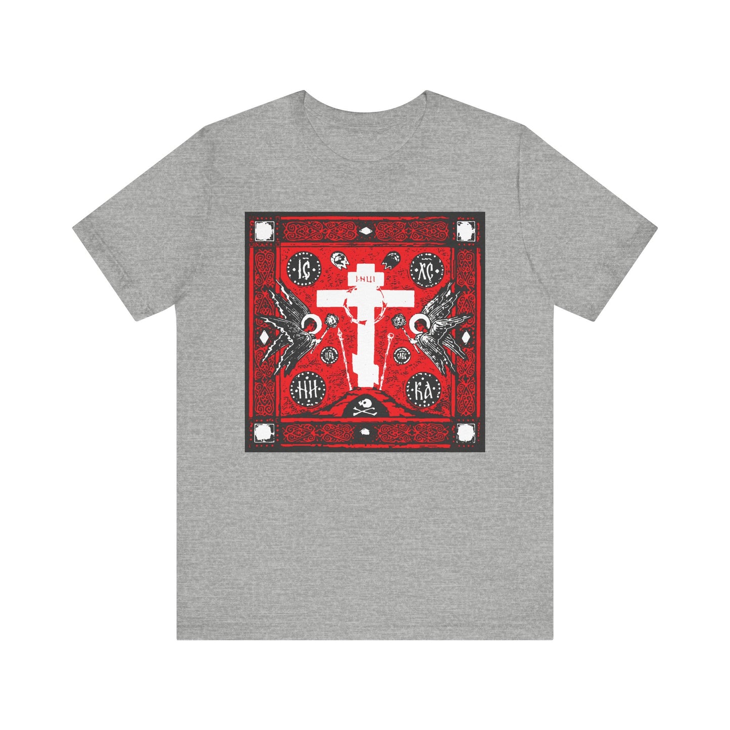 Athletic Heather unisex cotton t-shirt featuring the Adoration of Holy Cross IconoGraphic: a striking red, white, and black Russian cross design with angels and detailed ornamental front artwork.