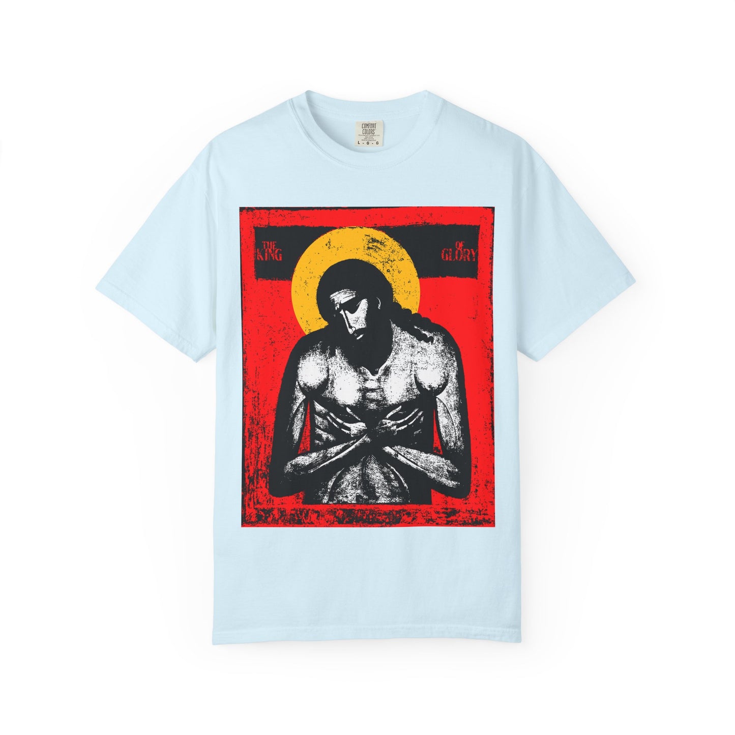 Chambray "The King of Glory Jesus Christ 'Extreme Humility' IconoGraphic" Tee features a stylized somber figure with yellow halo on a red, white, and black background, reflecting the sacrifice of Christ—Christian devotional heavyweight cotton unisex shirt.