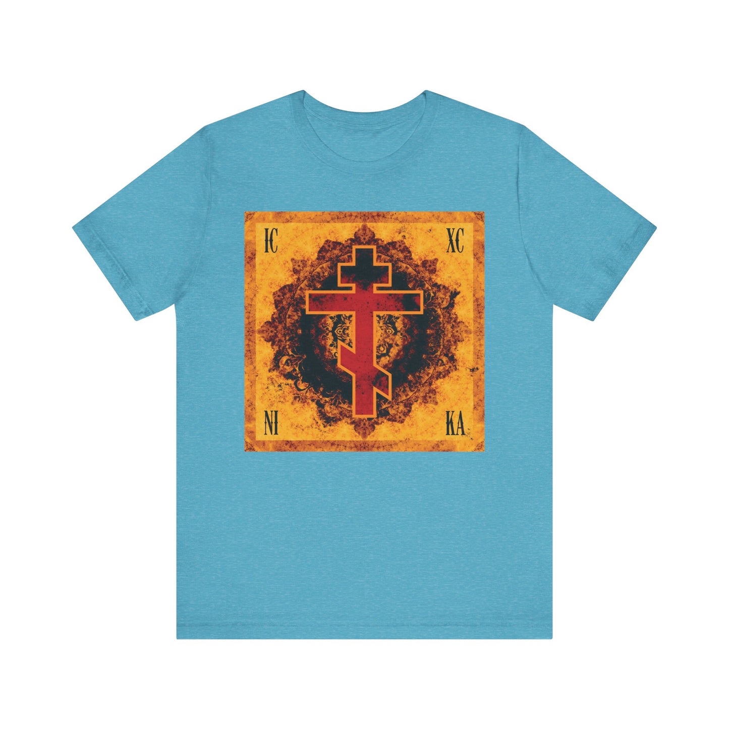 Heather aqua t-shirt with a bright orange and red ornate Orthodox cross and Greek ICXC NIKA letters in each corner, inspired by the Elevation of the Precious Cross.