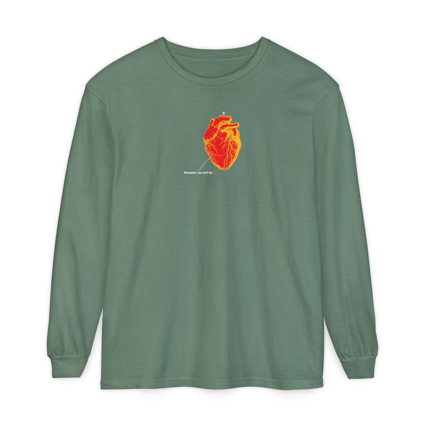 Light green long sleeve featuring an inverted red and orange anatomical heart with small text beneath, inspired by retro medical textbooks. "Remember You Will Die" Memento Mori Christian design symbolizes the soul’s journey beyond death.