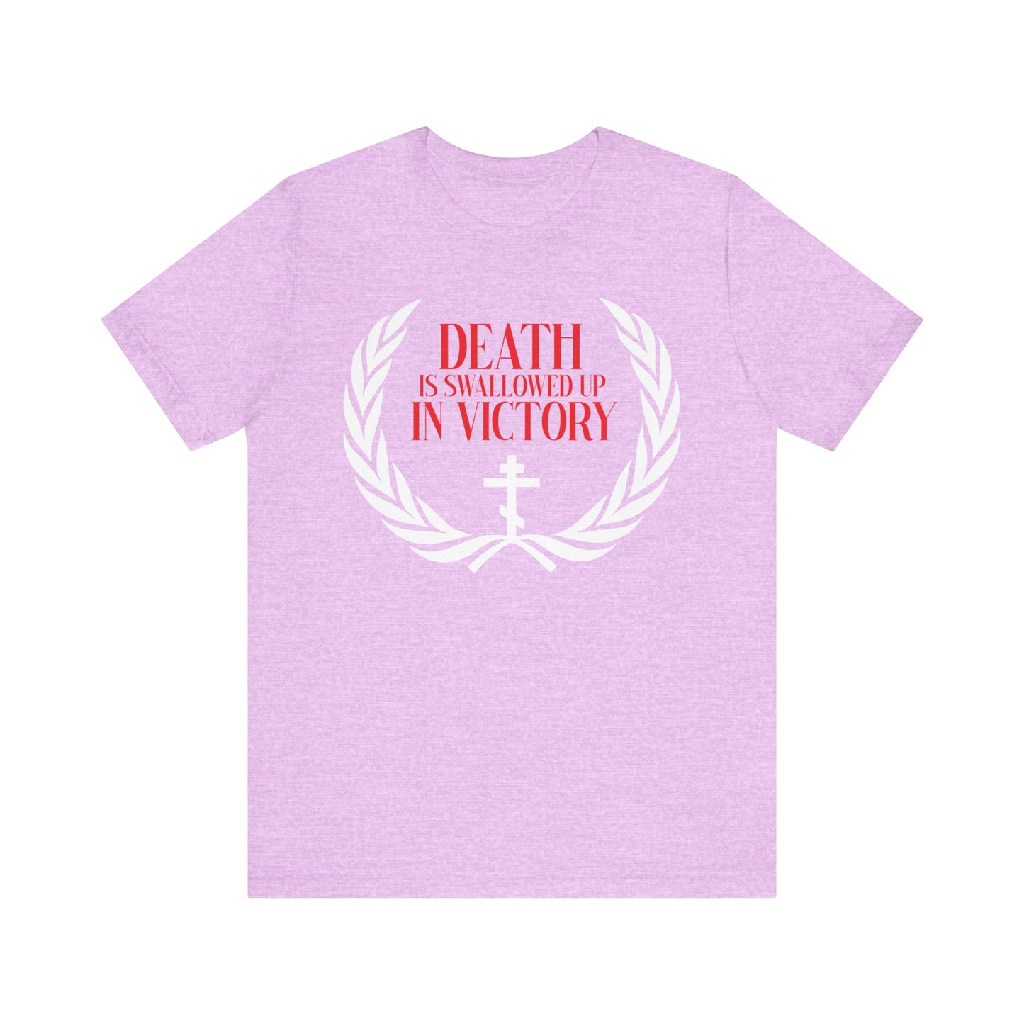 Heather Prism Lilac cotton T-shirt featuring a white Orthodox cross and laurel wreath with red "Death is swallowed up in victory" text, symbolizing immortality.