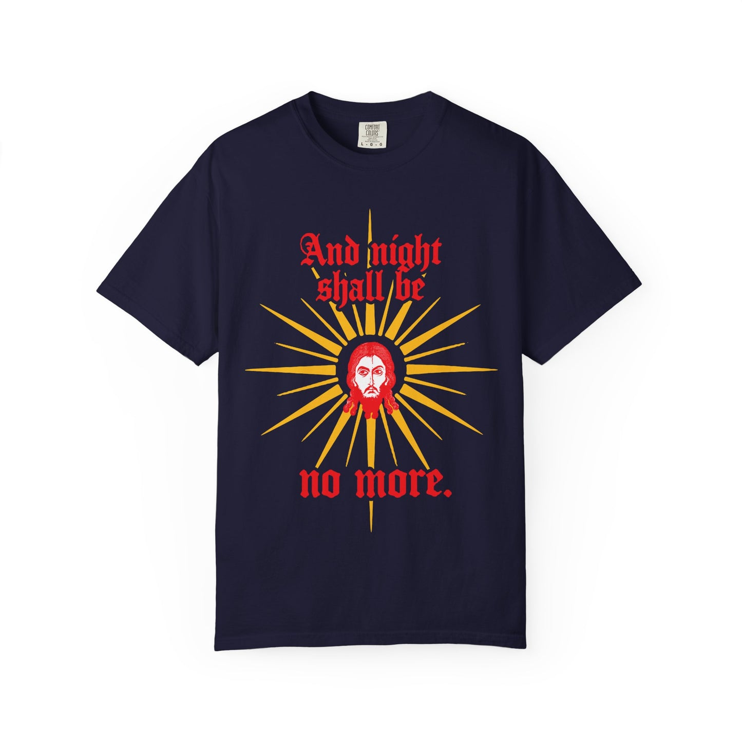 And Night Shall Be No More | Rev 22:5 | Jesus Christ Mandylion IconoGraphic | Gothic Text | Orthodox Christian Heavyweight Cotton Unisex Tee