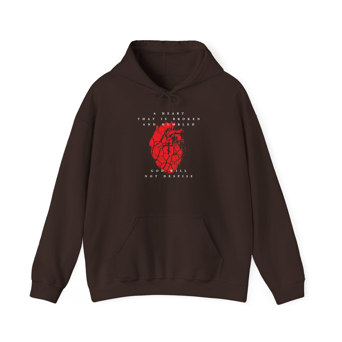 Dark chocolate hoodie featuring a red anatomical heart with an Orthodox cross and white text on the chest, inspired by Psalm 51 and Christian repentance, displayed on a white background. The design is titled “A Heart That is Broken and Humbled God Will Not Despise | Repentance | Christian Hoodie.”.