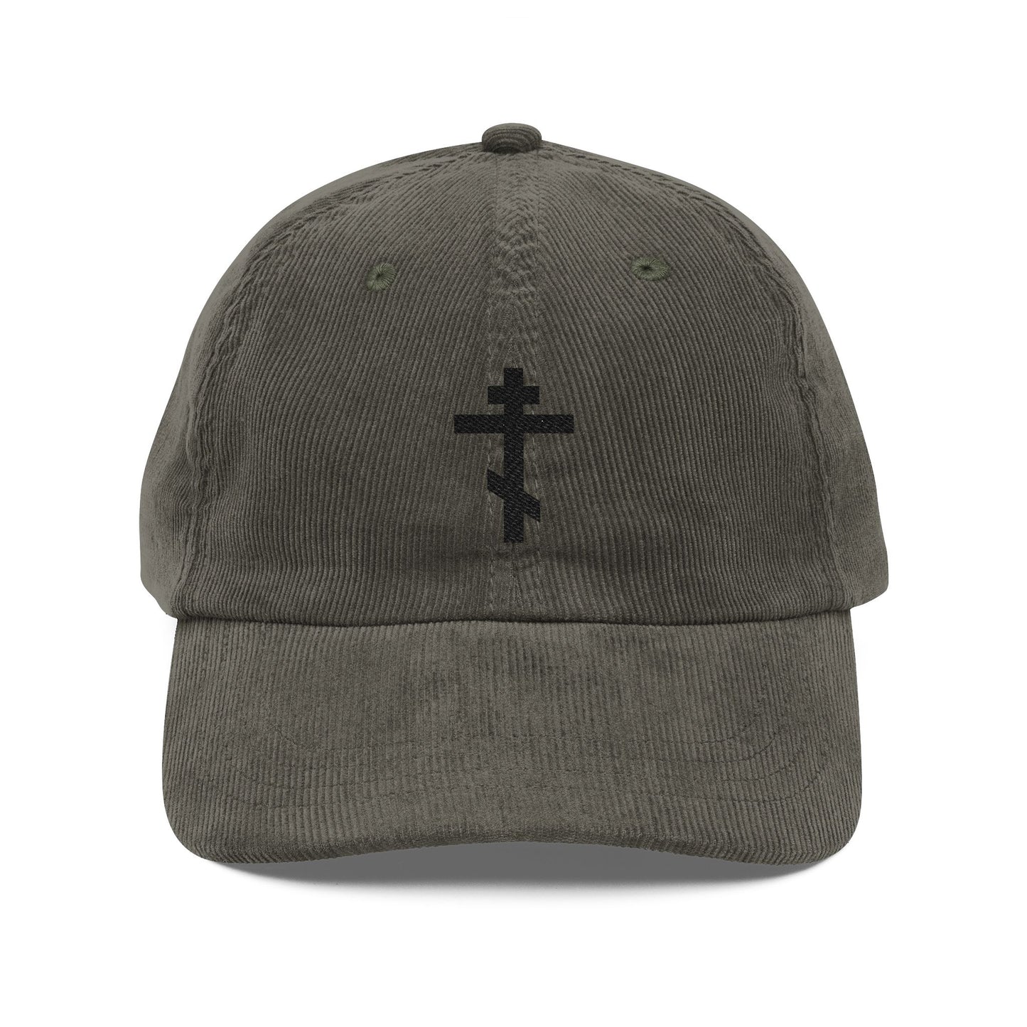 Olive corduroy cap featuring a black embroidered Orthodox TriBar Cross on the front, symbolizing the Weapon of Unseen Warfare Which Makes Demons Tremble.