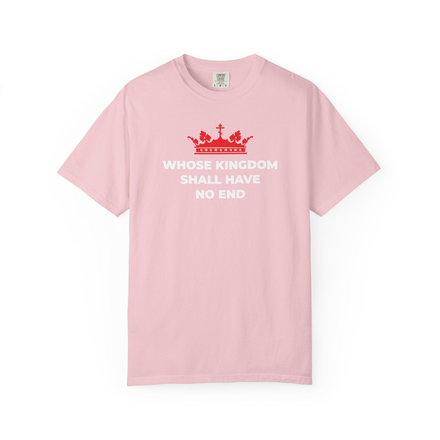 Blossom heavyweight cotton unisex tee featuring a red Orthodox Cross crown graphic and the text: “WHOSE KINGDOM SHALL HAVE NO END”—inspired by the Nicene Creed and celebrating Christian eschatology and the eternal reign of Jesus Christ’s kingship.
