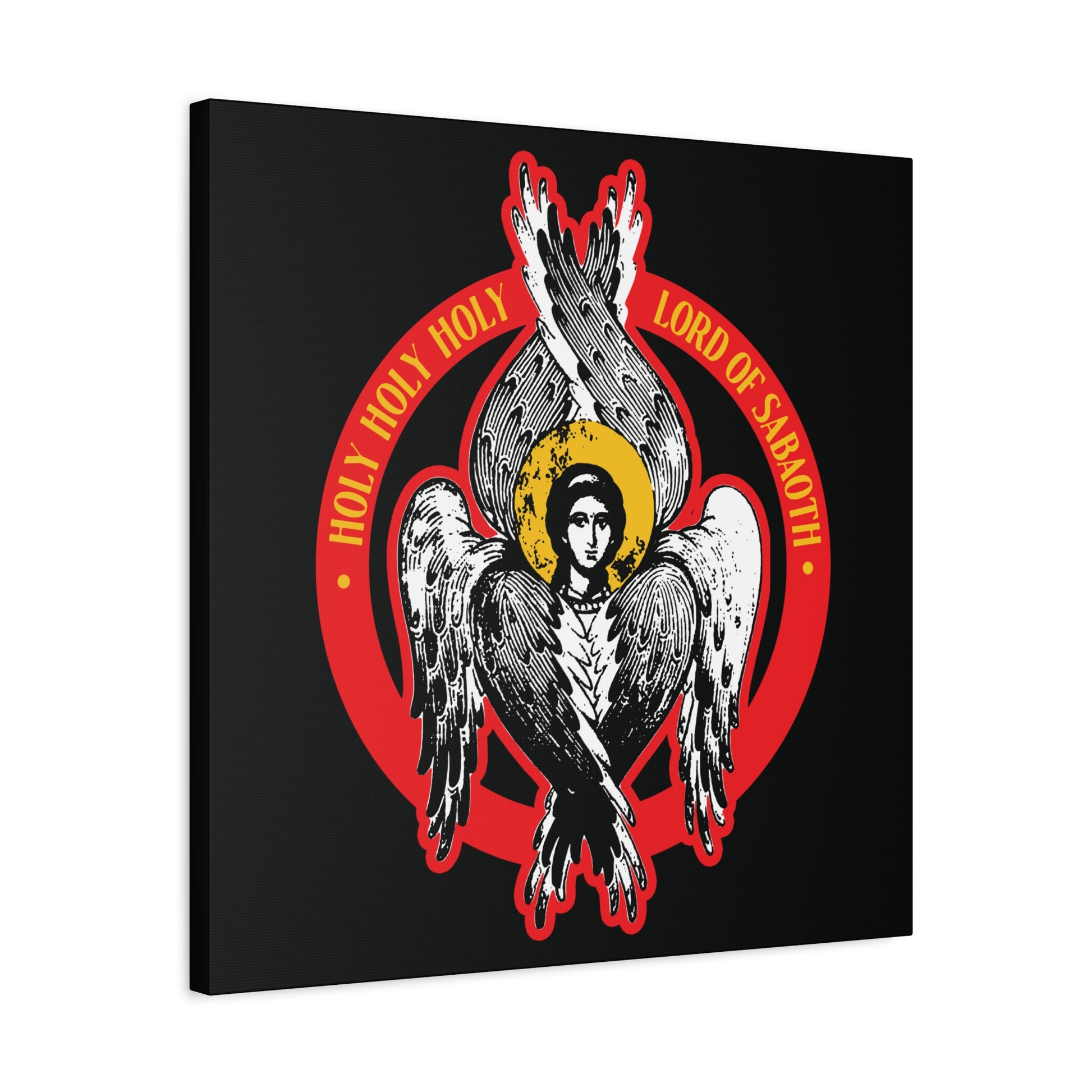 Illustration of a six-winged seraphim angel with halo, red circle, and HOLY HOLY HOLY LORD OF HOSTS text, inspired by Isaiah 6. From "Holy Holy Holy, Lord of Sabaoth | Orthodox Seraphim Angel IconoGraphic Christian Wall Art.