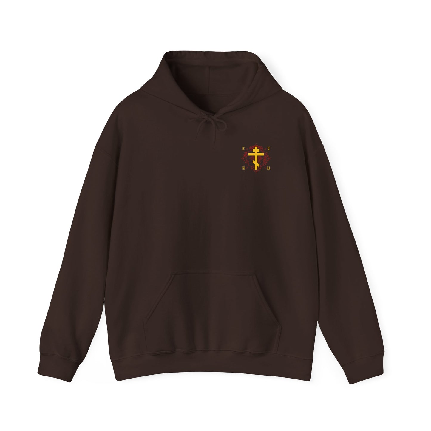 Dark chocolate hoodie featuring a small yellow Orthodox cross, inspired by the grace of sonship in Christ and the teachings of St. Kosmas Aitolos, set on an ornate red background. Displayed on a white background.