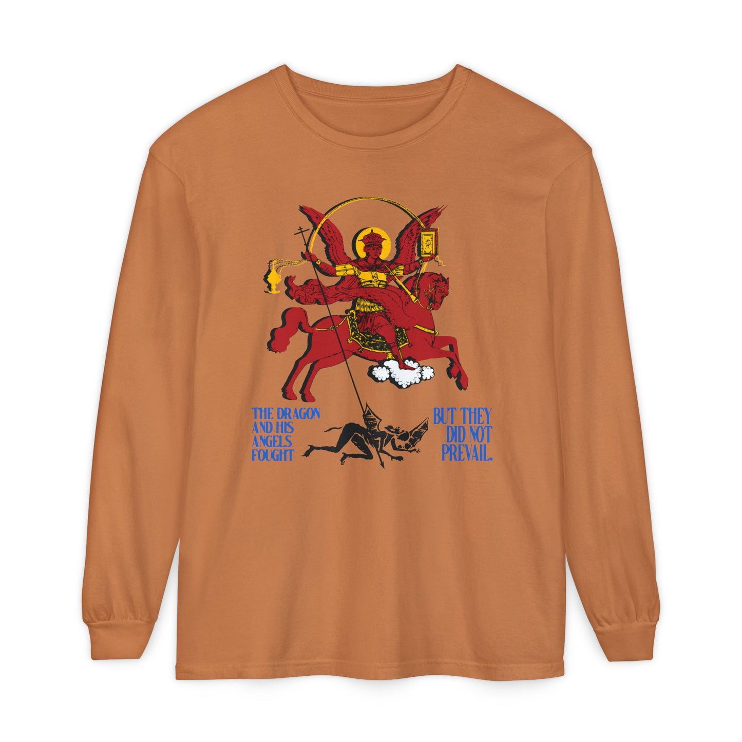 Apocalyptic St Michael Icono-Graphic (Rev 12:7-8) | Red Angel & Horse | Blue Lettering | Orthodox Christian Cotton Long Sleeve Shirt