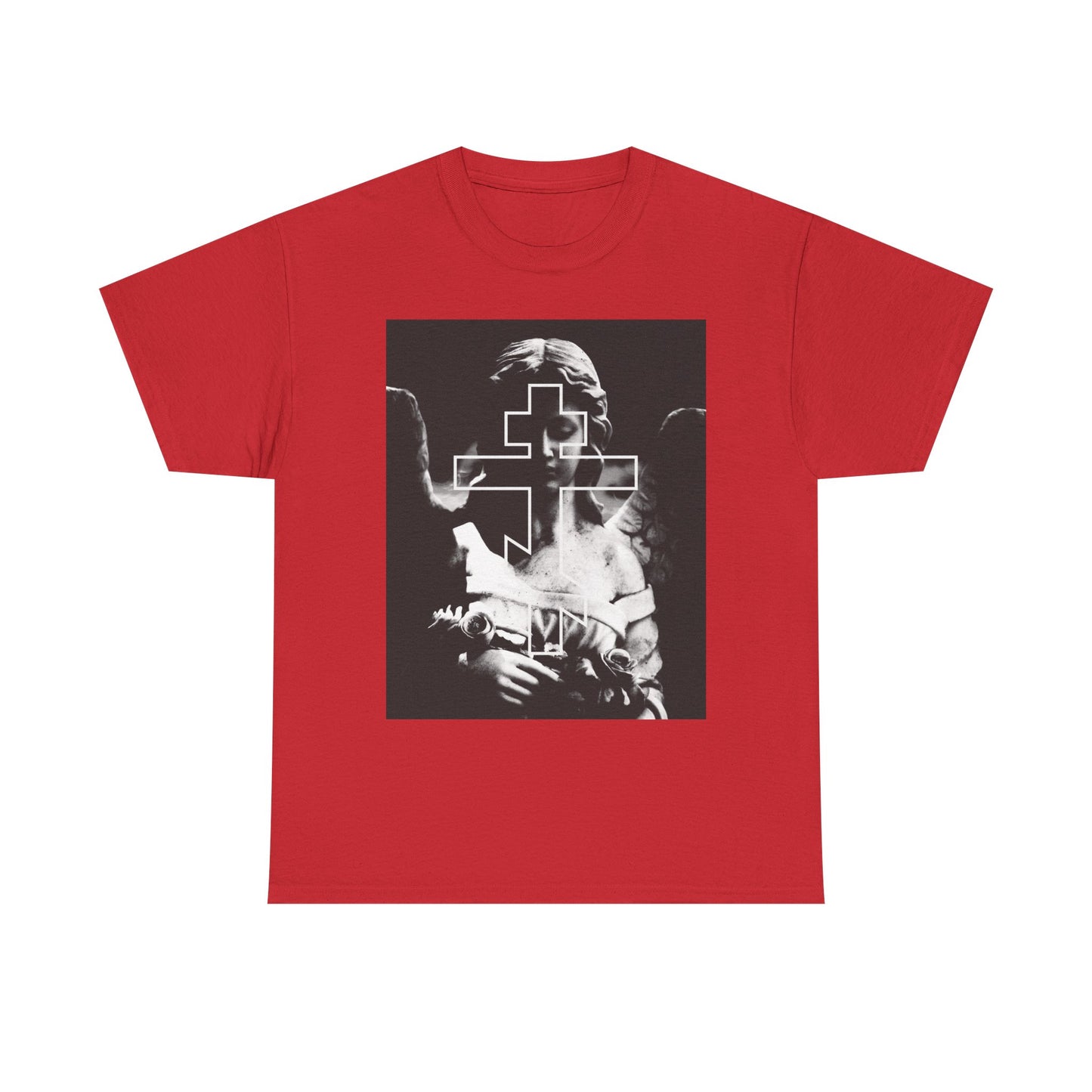 Red midweight cotton unisex tee featuring a grayscale Cemetery Angel Orthodox Cross graphic and Memento Mori goth aesthetic, in a bold Remember You Will Die design.