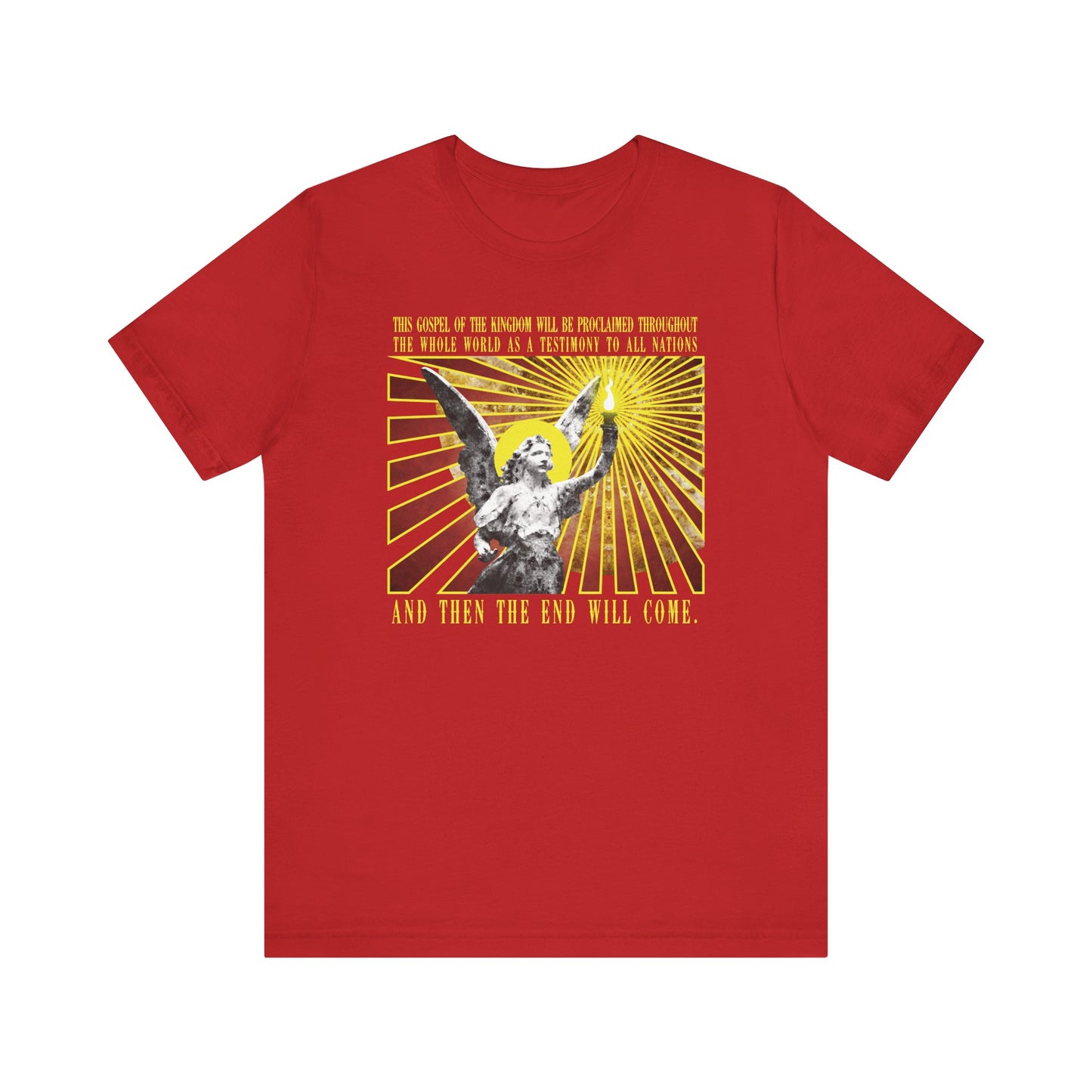 Red cotton unisex t-shirt featuring a cemetery angel holding a lamp with rays, inspired by Matthew 24:14. Text reads: "And then the end will come." Christian design.