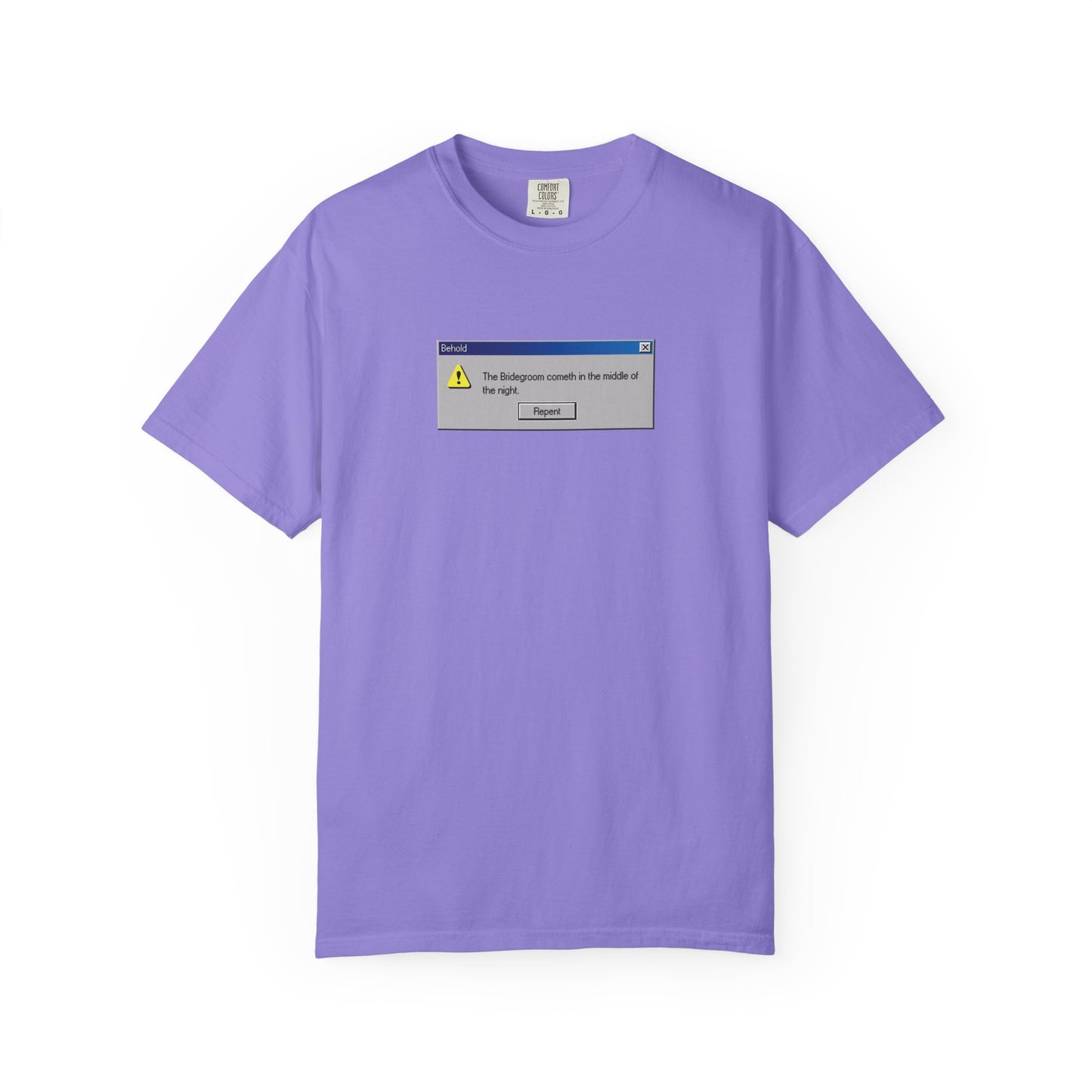 Violet “Behold the Bridegroom Windows Error Message” unisex t-shirt, featuring a central pixel art graphic with a yellow warning triangle, inspired by themes of confession and reflection from Orthodox Christian Bridegroom Matins.