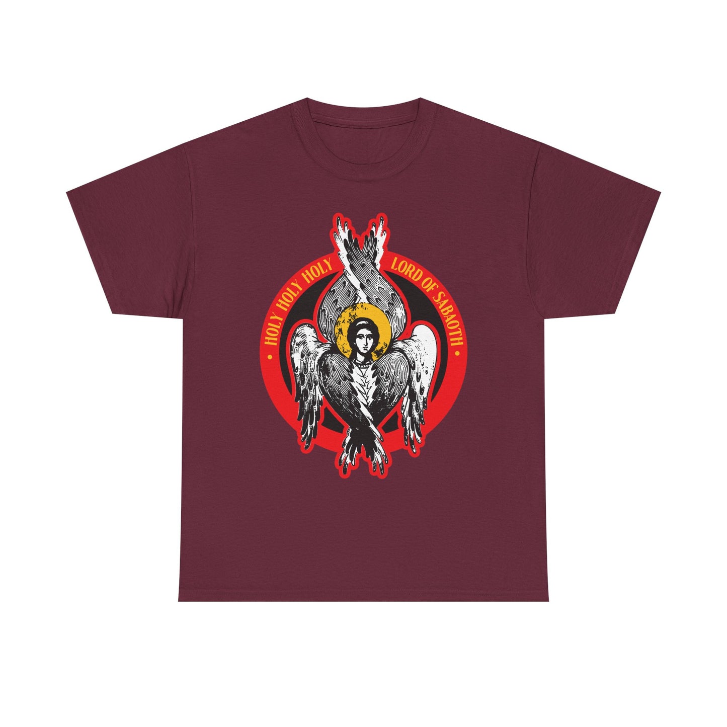Maroon "Holy Holy Holy, Lord of Sabaoth" t-shirt, inspired by Isaiah 6, features a seraphim angel icon with wings and halo. Christian heavy cotton design.