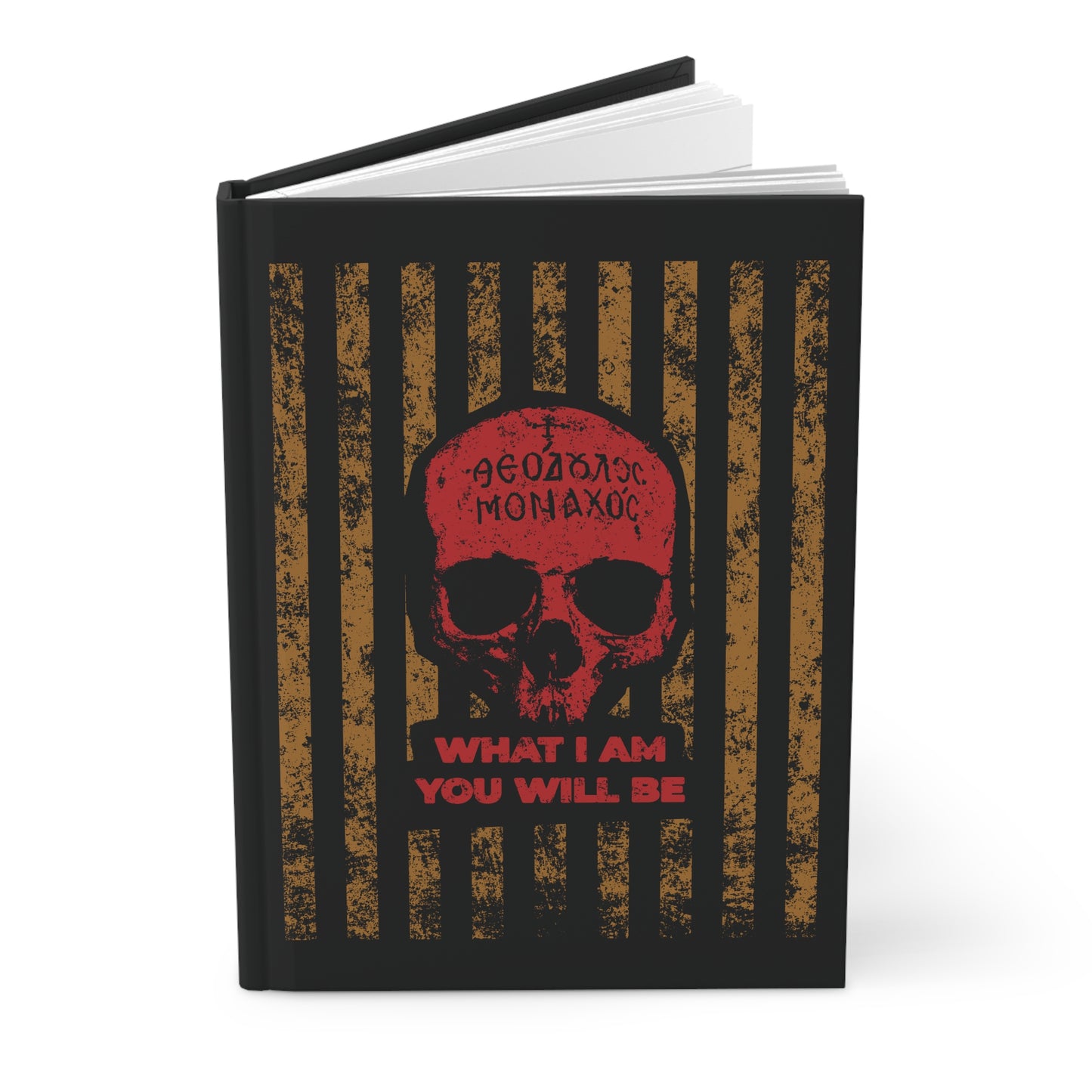 The "What I Am You Will Be | Memento Mori | Mt Athos Monk Skull" Christian journal features Greek text, vertical stripes, and a skull on a black cover, symbolizing remembrance of death and ascetic ethos.