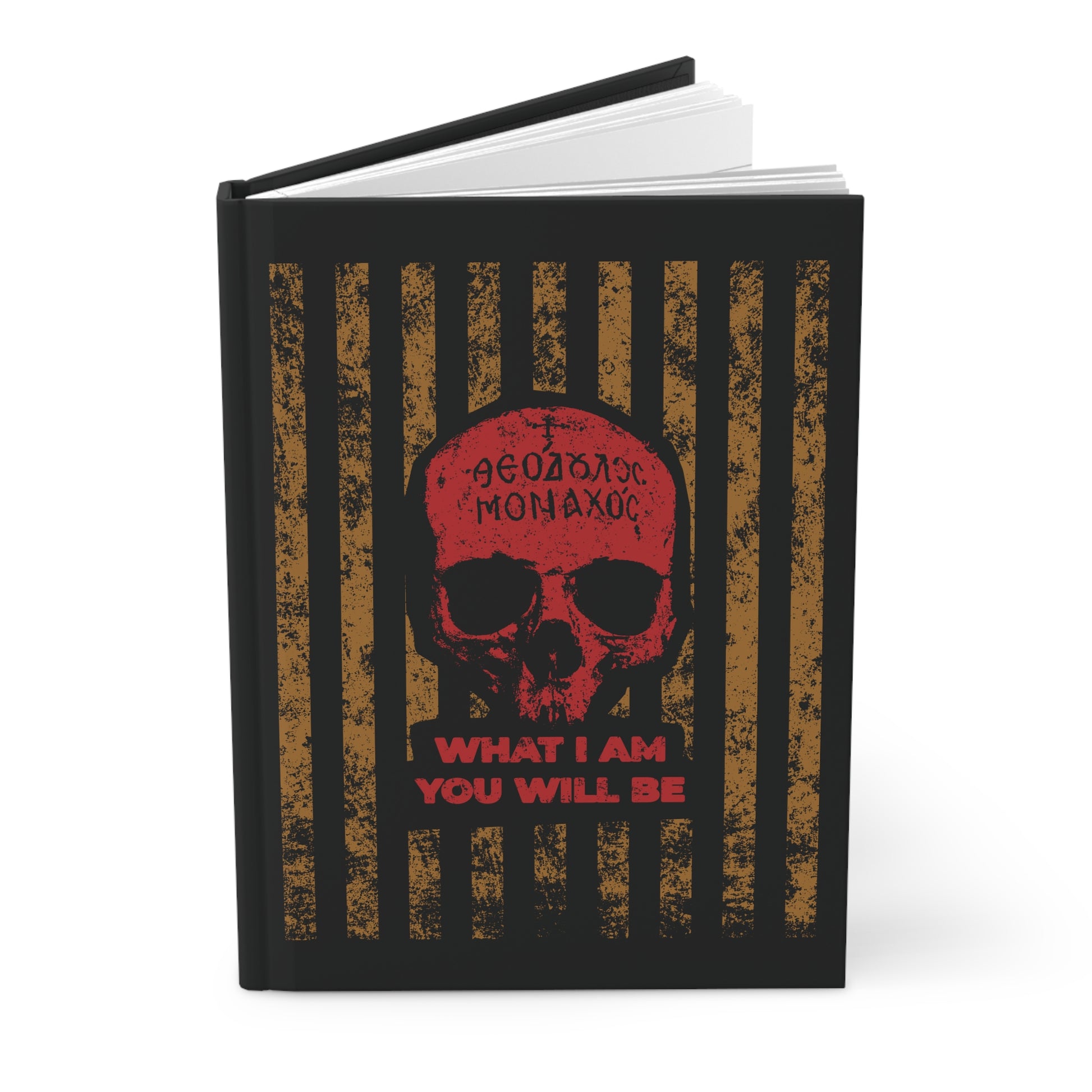 The "What I Am You Will Be | Memento Mori | Mt Athos Monk Skull" Christian journal features Greek text, vertical stripes, and a skull on a black cover, symbolizing remembrance of death and ascetic ethos.