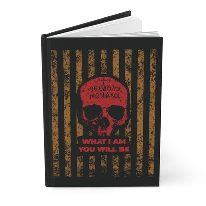 The "What I Am You Will Be | Memento Mori | Mt Athos Monk Skull" Christian journal features Greek text, vertical stripes, and a skull on a black cover, symbolizing remembrance of death and ascetic ethos.