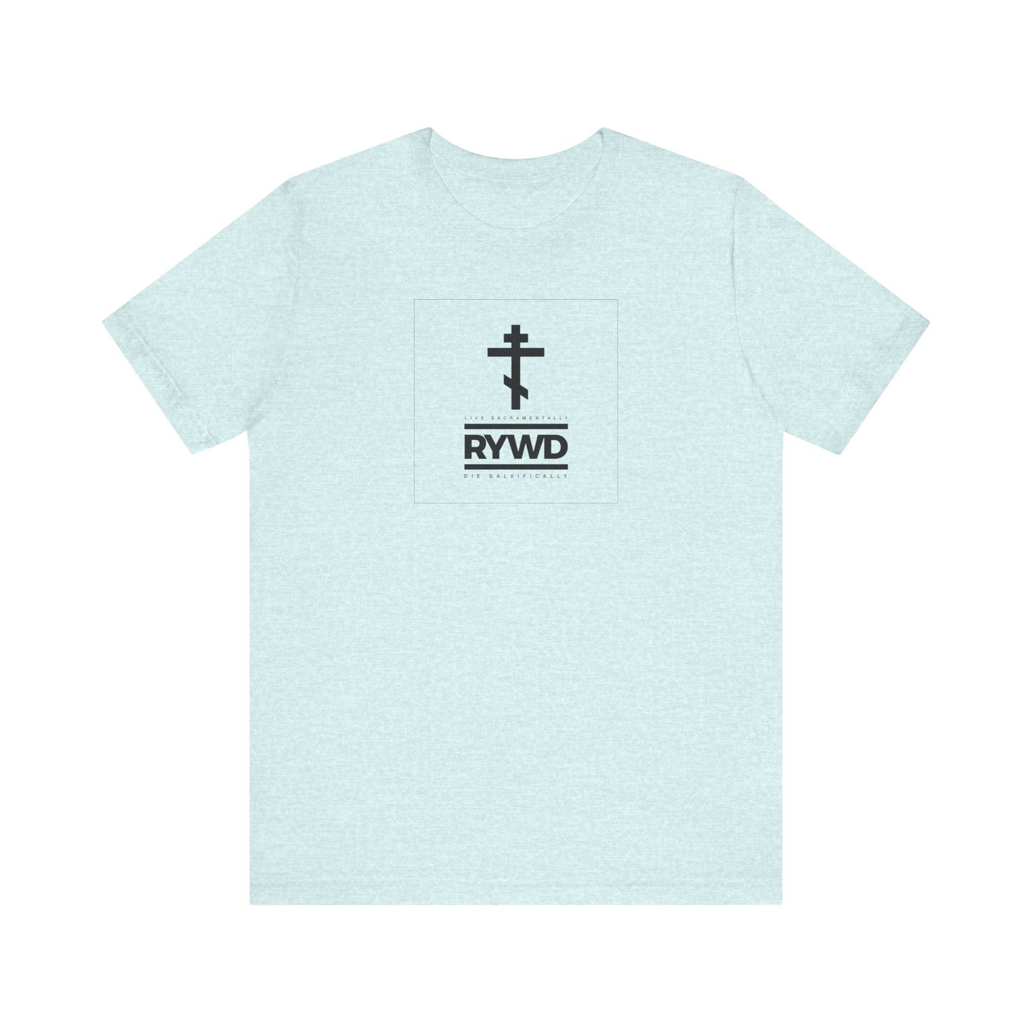 Heather Prism Ice Blue RYWD (Remember You Will Die) lightweight cotton unisex tee featuring a minimalist black double cross and "RYWD" text in a square on the front—a subtle Orthodox Christian reminder to live sacramentally and reflect on the meaning of life and death.