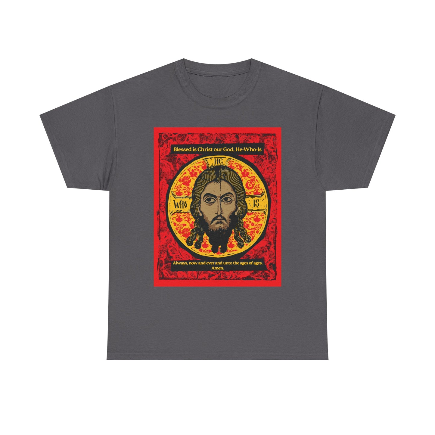 Charcoal t-shirt with a graphic of Christ’s face (Mandylion/Image of Edessa), red border, and Orthodox hymn text (Troparion Tone 2). “Made Without Hands” Christian heavy cotton t-shirt.