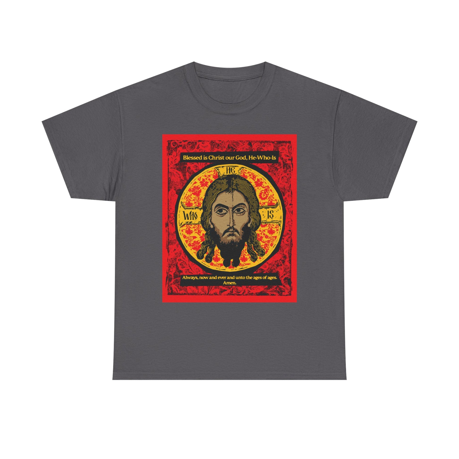 Charcoal t-shirt with a graphic of Christ’s face (Mandylion/Image of Edessa), red border, and Orthodox hymn text (Troparion Tone 2). “Made Without Hands” Christian heavy cotton t-shirt.