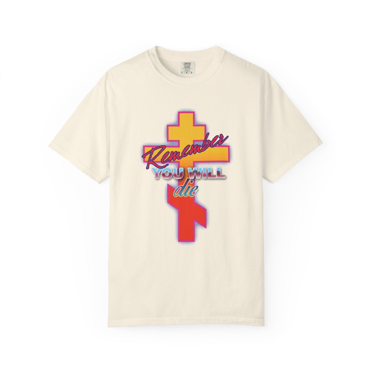 Remember You Will Die 80s Design | Glowing Synthwave Retro Orthodox Cross | Precious Life-Giving Cross | Heavyweight Cotton Unisex T-Shirt