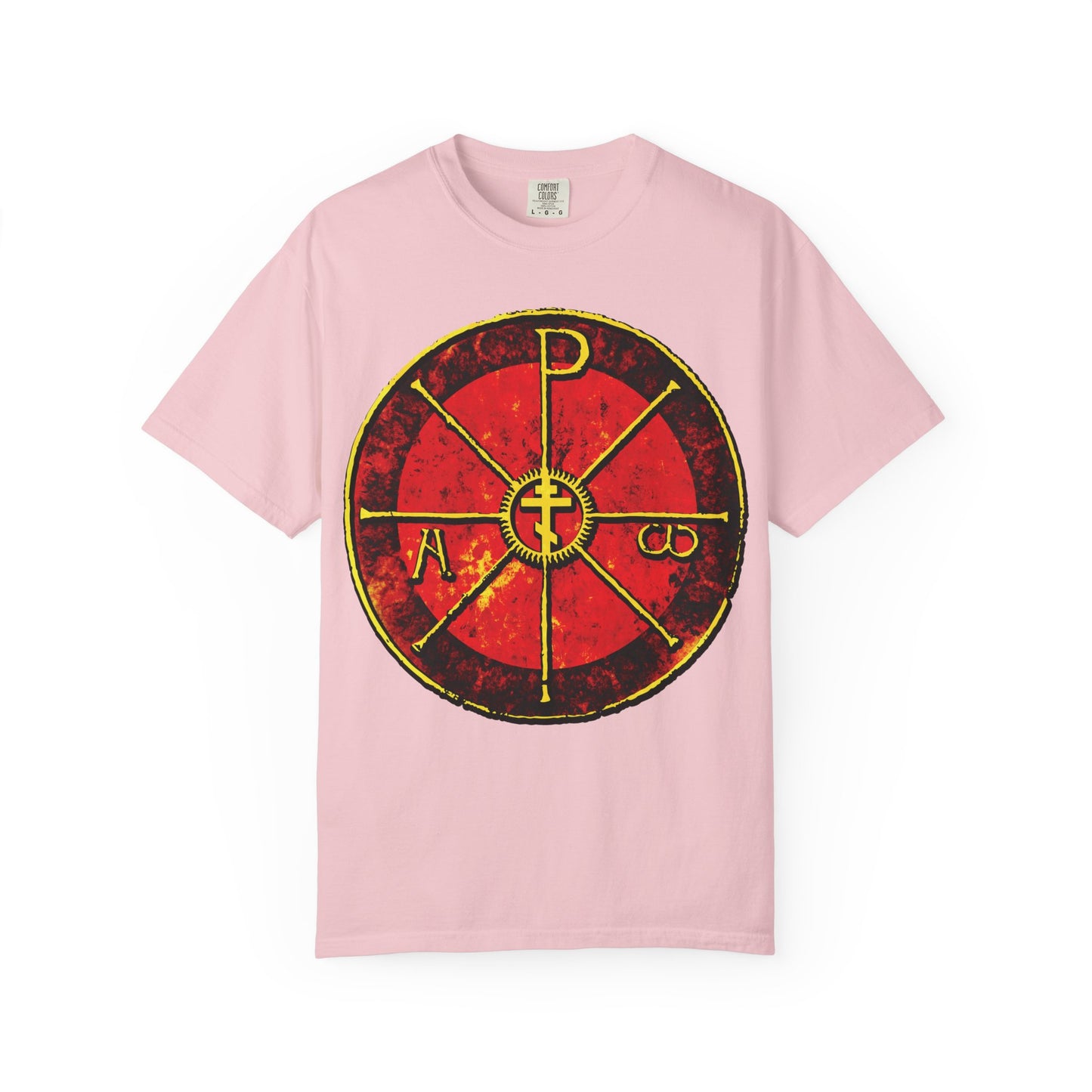 Blossom Alpha & Omega Chi Rho Orthodox Cross T-shirt featuring a bold red and yellow ancient Christogram with Greek letters and central cross, inspired by Saint Ambrose’s Chrismon and the Milan Cathedral. Heavyweight cotton.